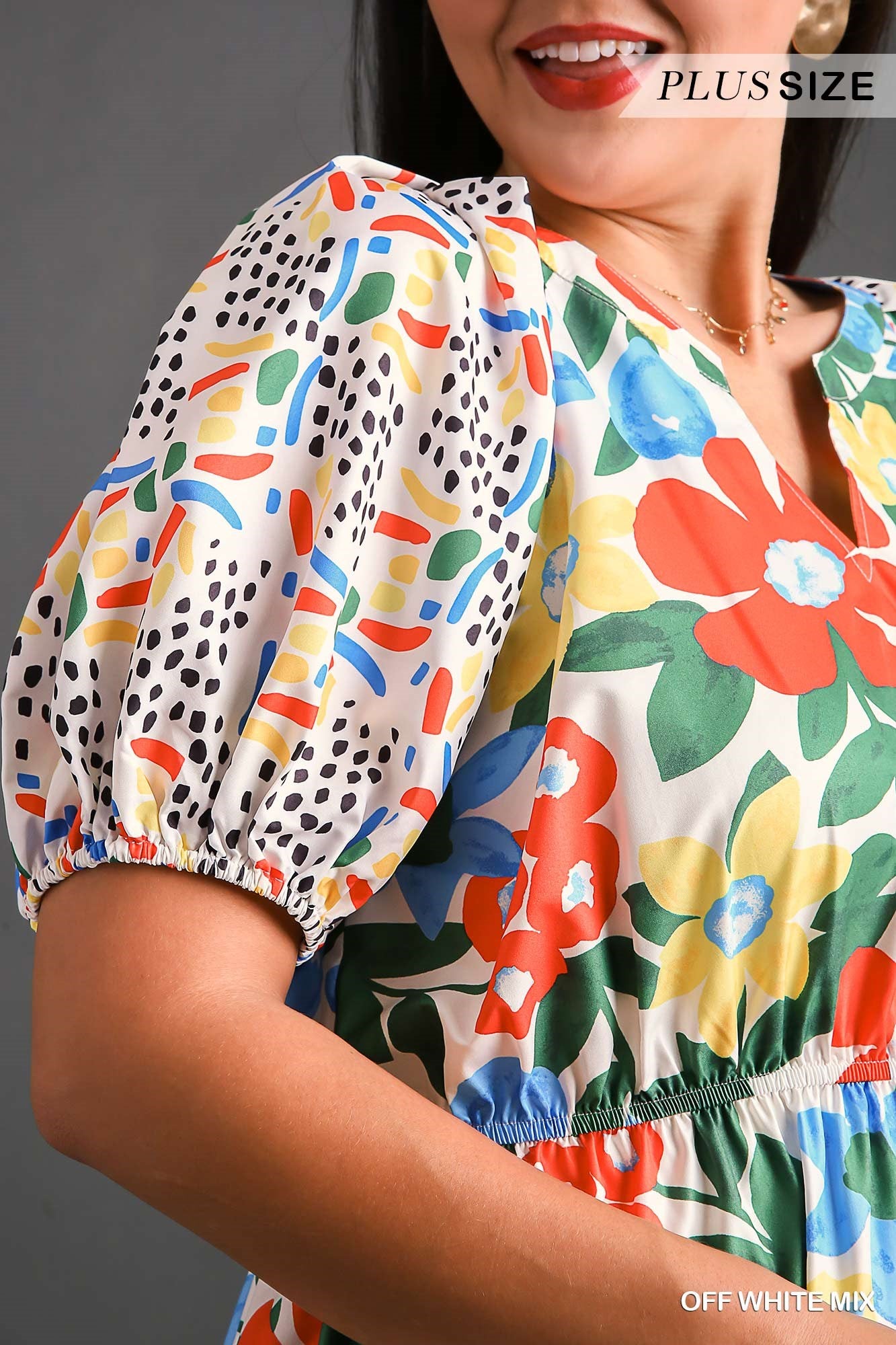 Umgee Plus V-Notched Floral Mixed Print Bubble Sleeve Dress