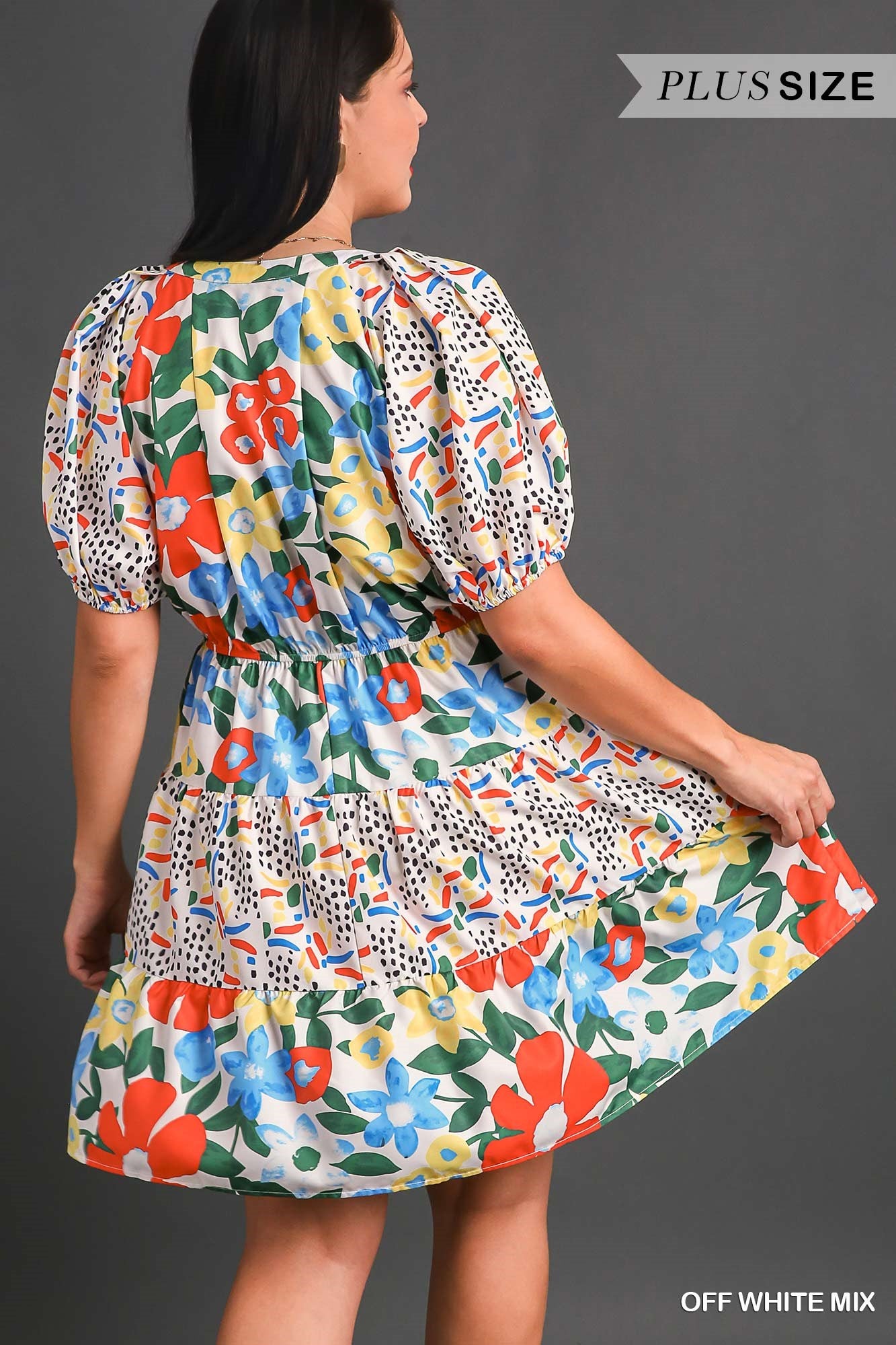 Umgee Plus V-Notched Floral Mixed Print Bubble Sleeve Dress