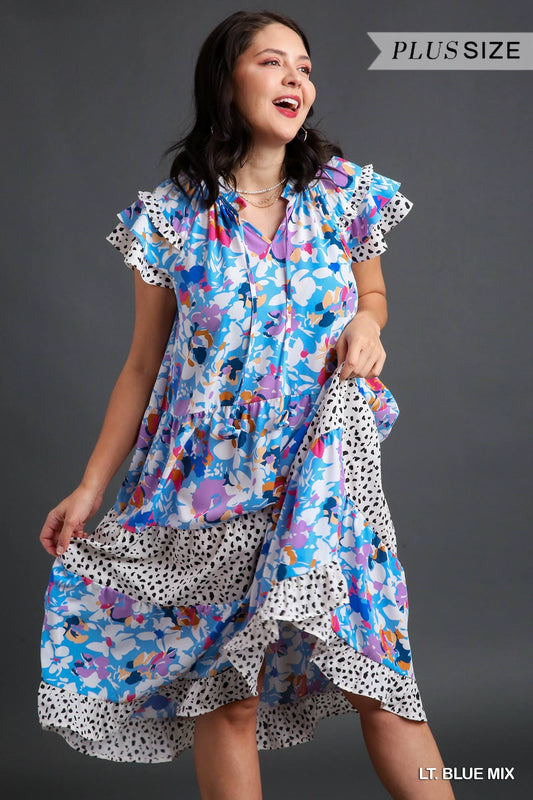Umgee Plus Mixed Print Layered Ruffle Sleeves Front Tie Midi Dress