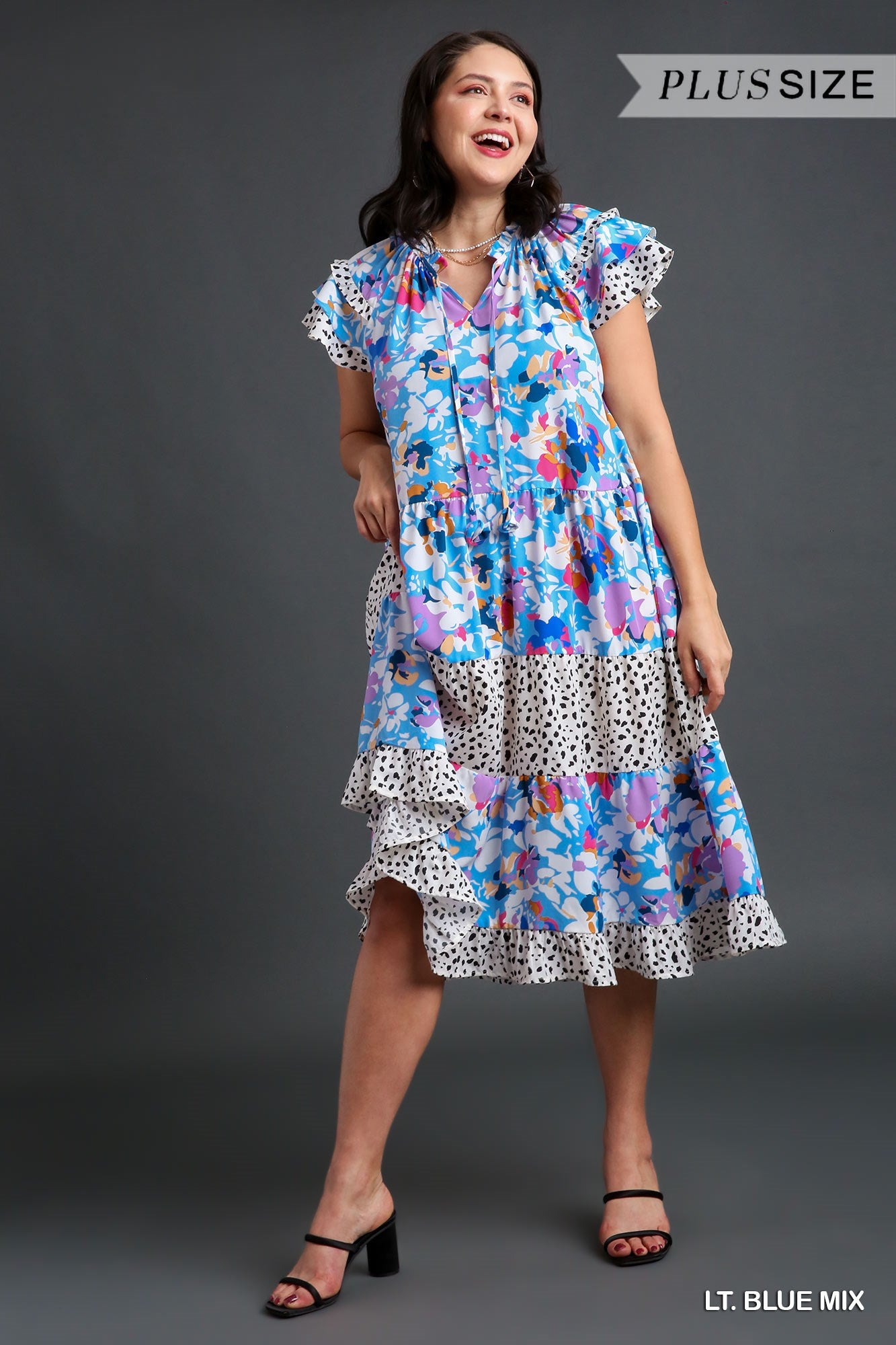 Umgee Plus Mixed Print Layered Ruffle Sleeves Front Tie Midi Dress