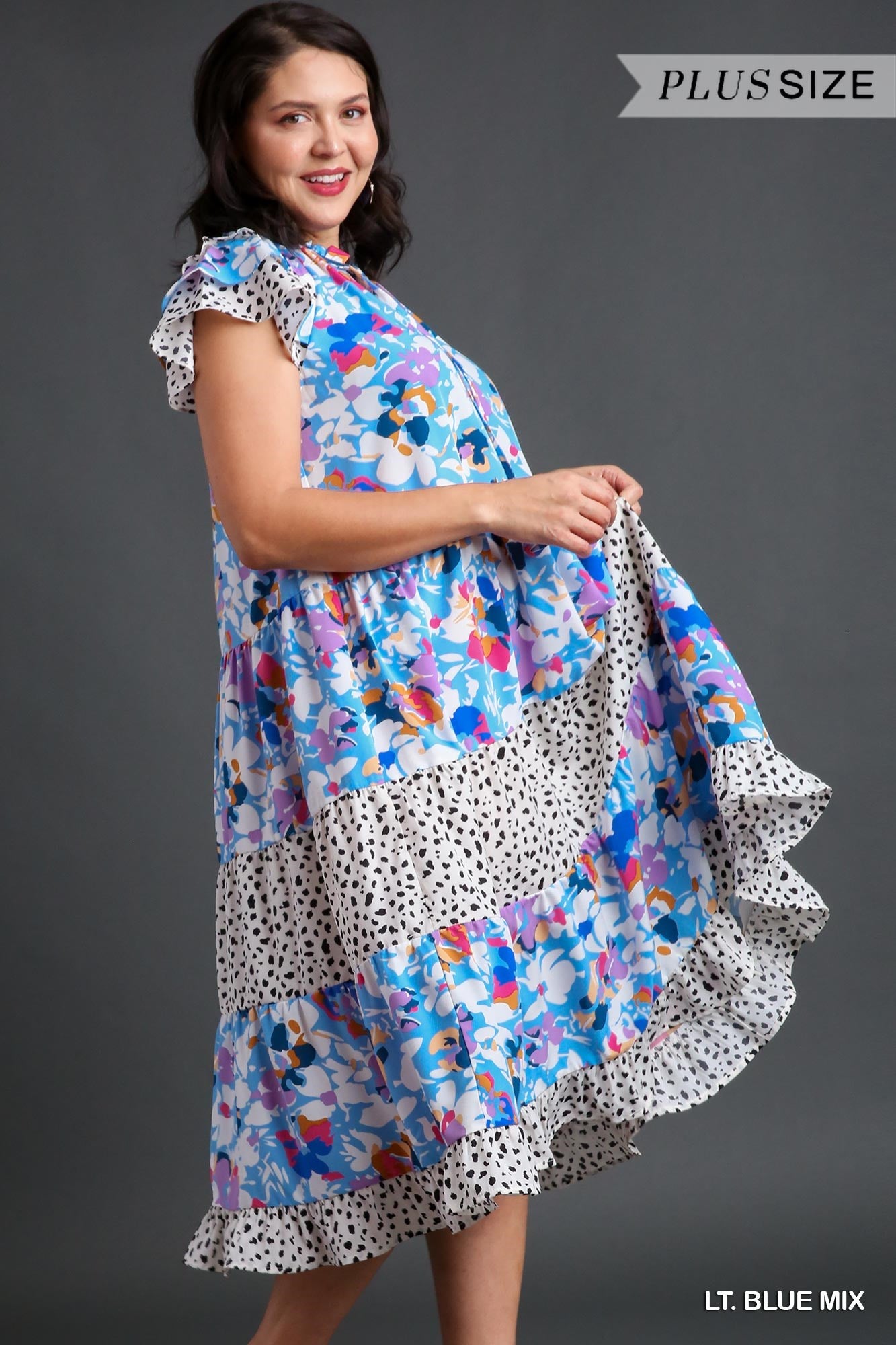 Umgee Plus Mixed Print Layered Ruffle Sleeves Front Tie Midi Dress