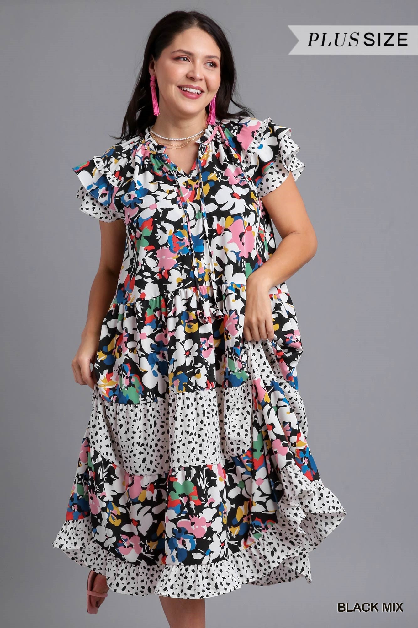 Umgee Plus Mixed Print Layered Ruffle Sleeves Front Tie Midi Dress