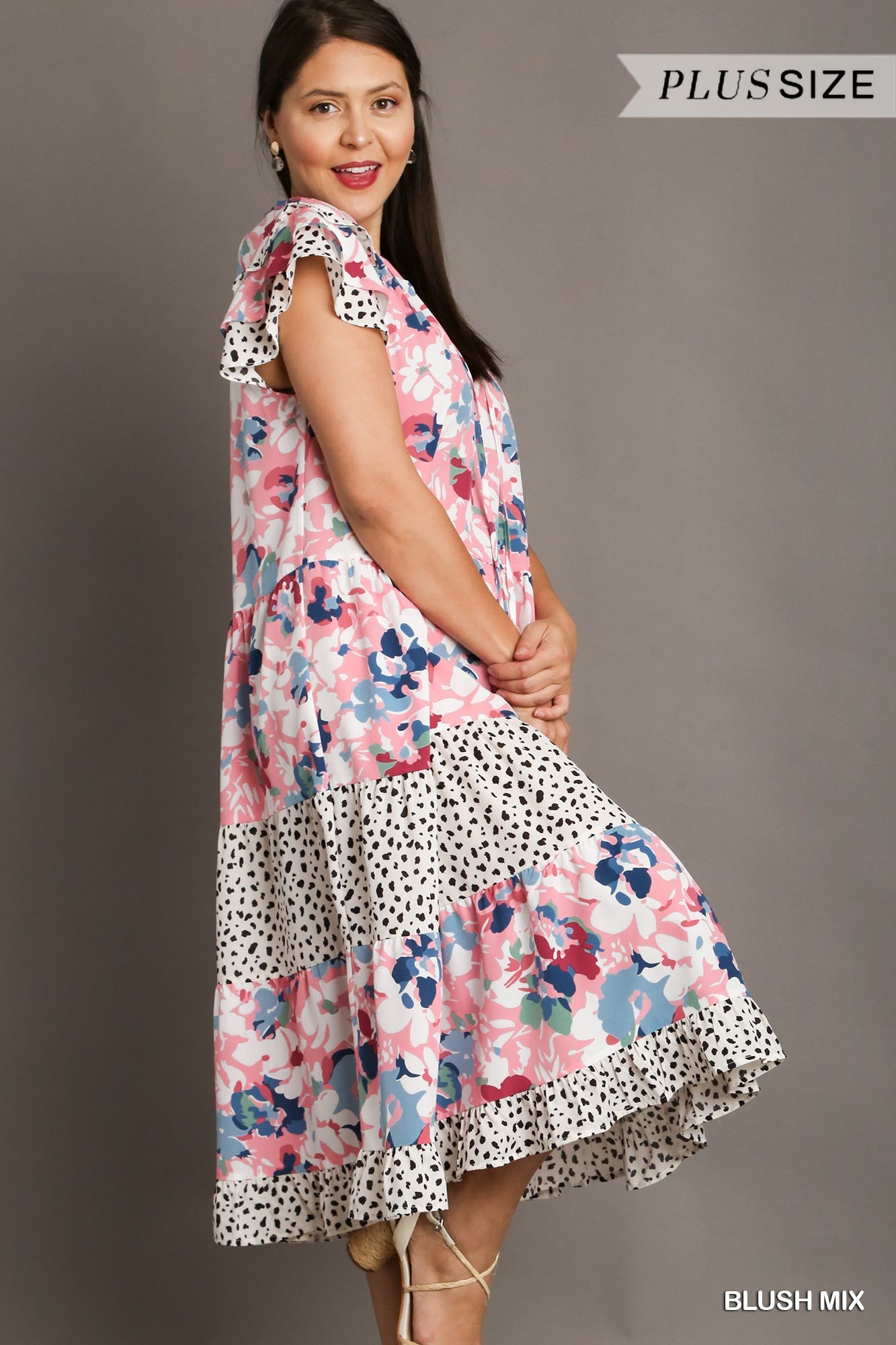 Umgee Plus Mixed Print Layered Ruffle Sleeves Front Tie Midi Dress