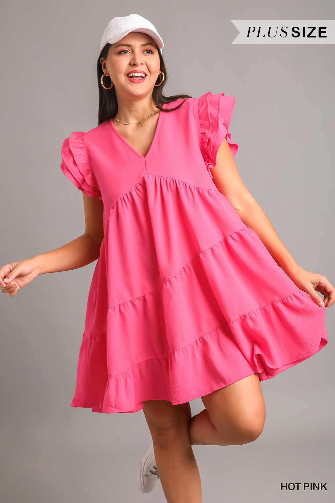 Umgee Plus Texture Fabric V-Neck Asymmetrical Tiers Dress