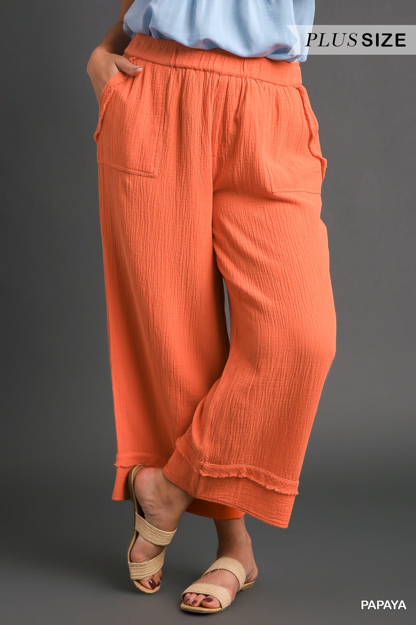 Umgee Plus Elastic Waist Band Wide Leg Frayed Hem Pants