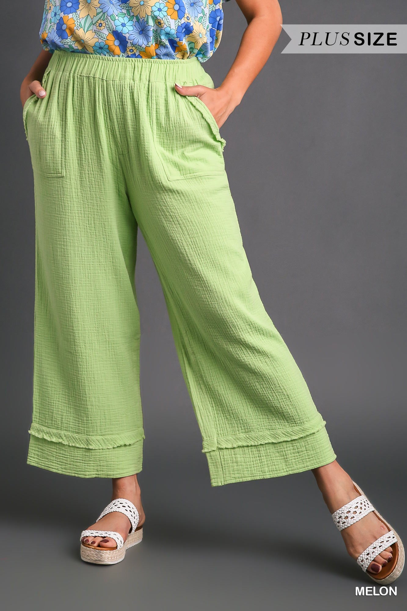 Umgee Plus Elastic Waist Band Wide Leg Frayed Hem Pants
