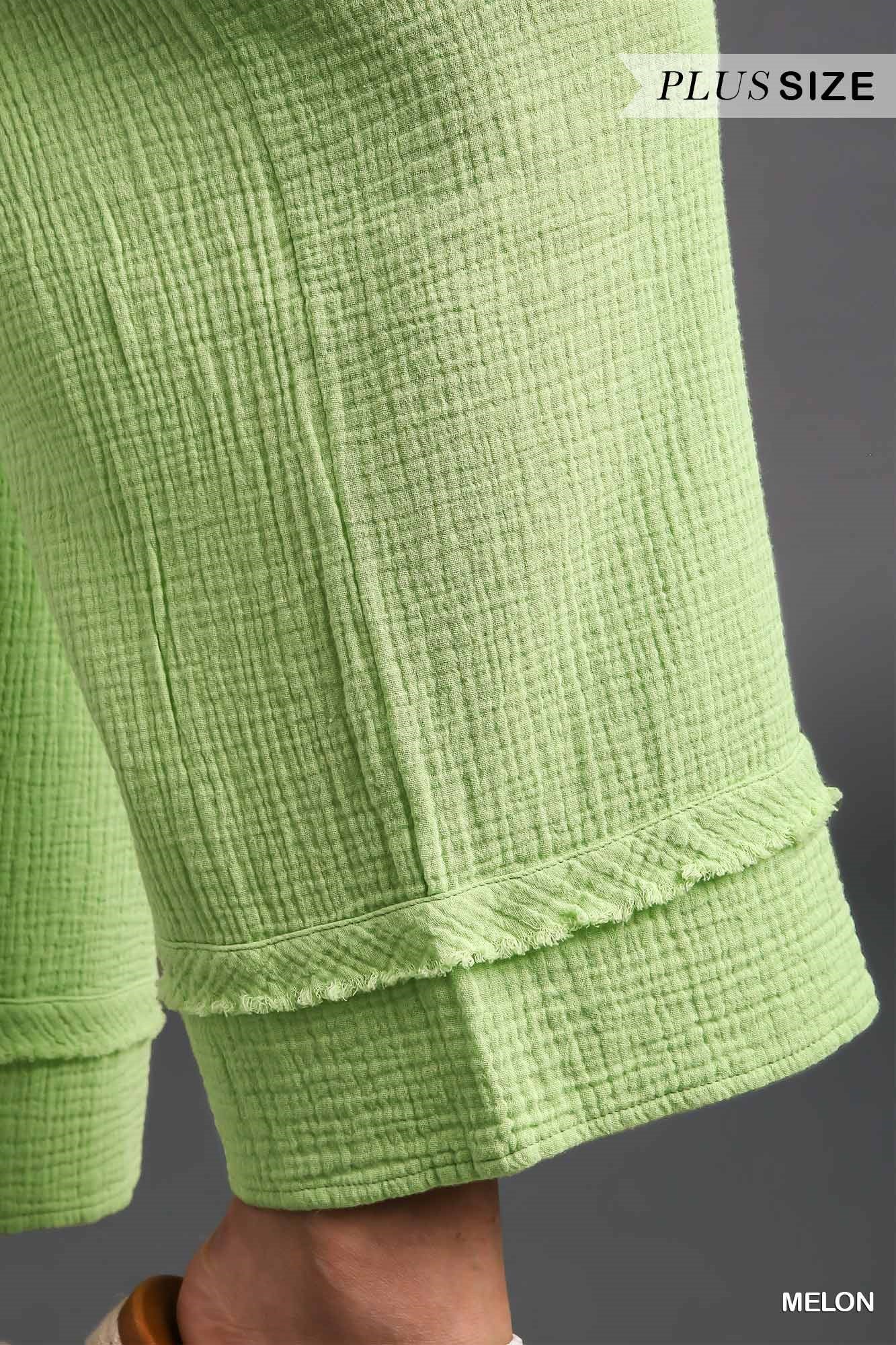 Umgee Plus Elastic Waist Band Wide Leg Frayed Hem Pants