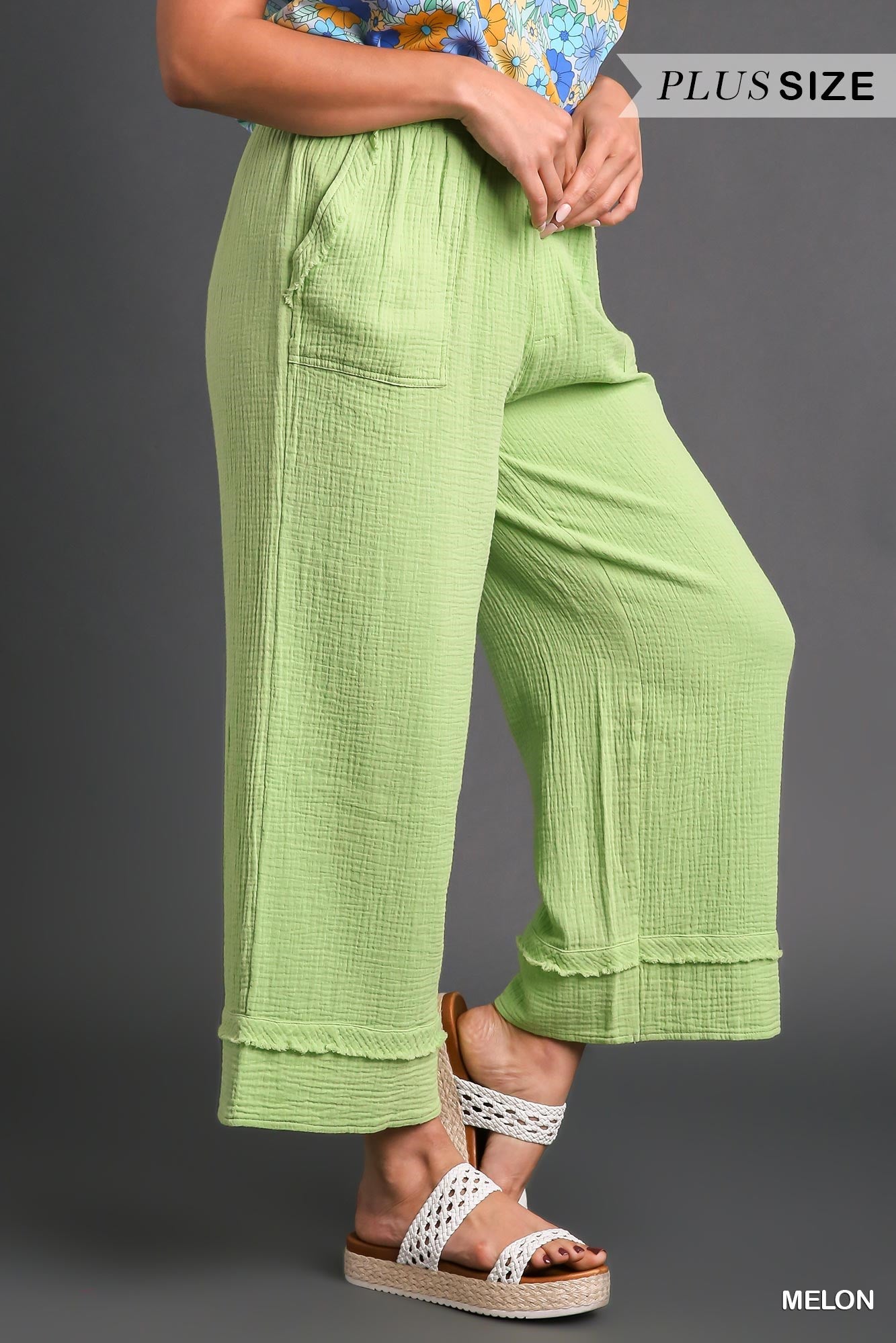 Umgee Plus Elastic Waist Band Wide Leg Frayed Hem Pants