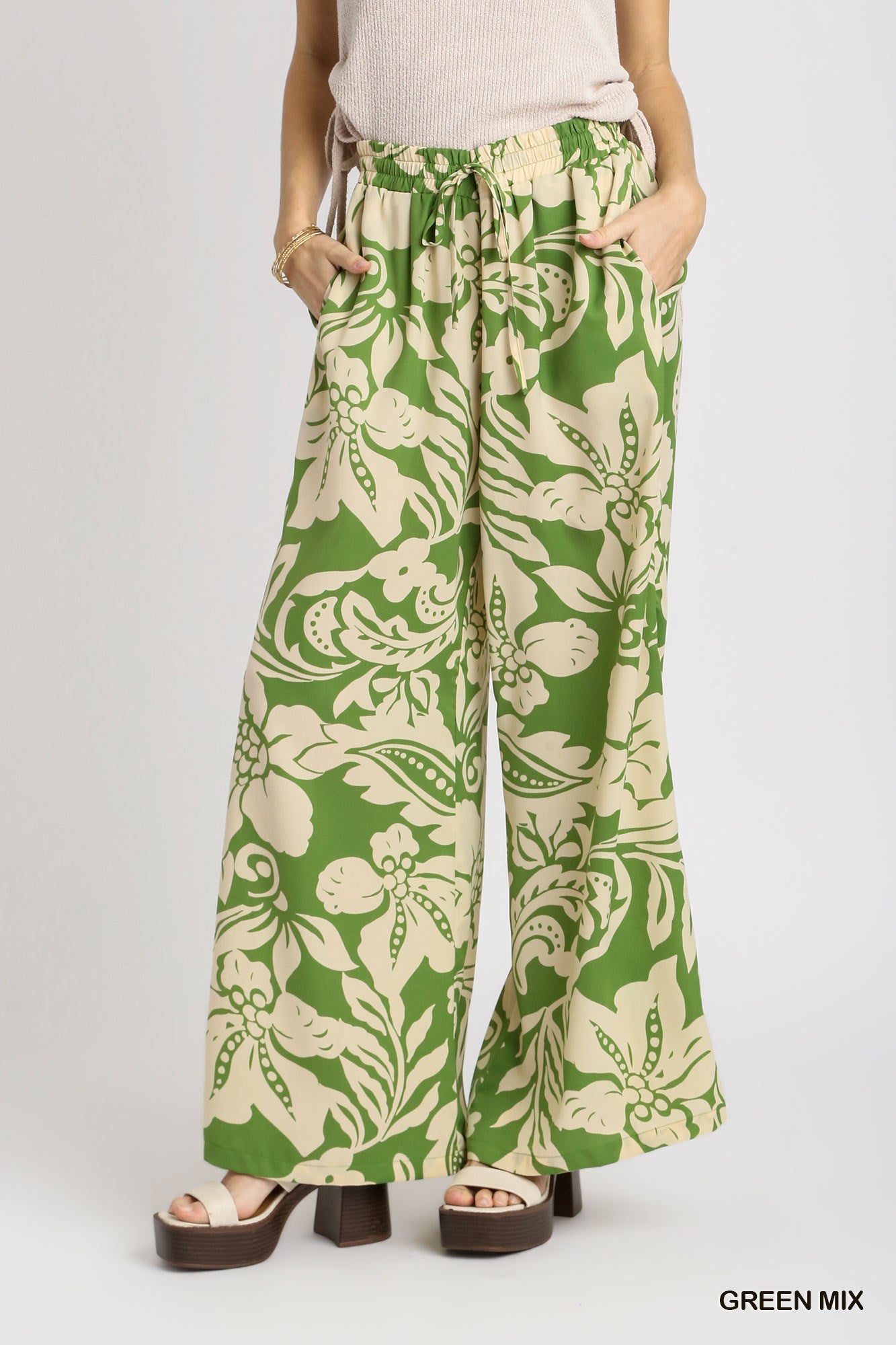 Umgee Satin Floral Adjustable Elastic Waistband Wide Leg Pants