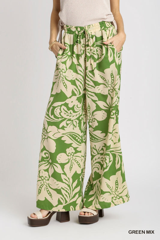 Umgee Satin Floral Adjustable Elastic Waistband Wide Leg Pants