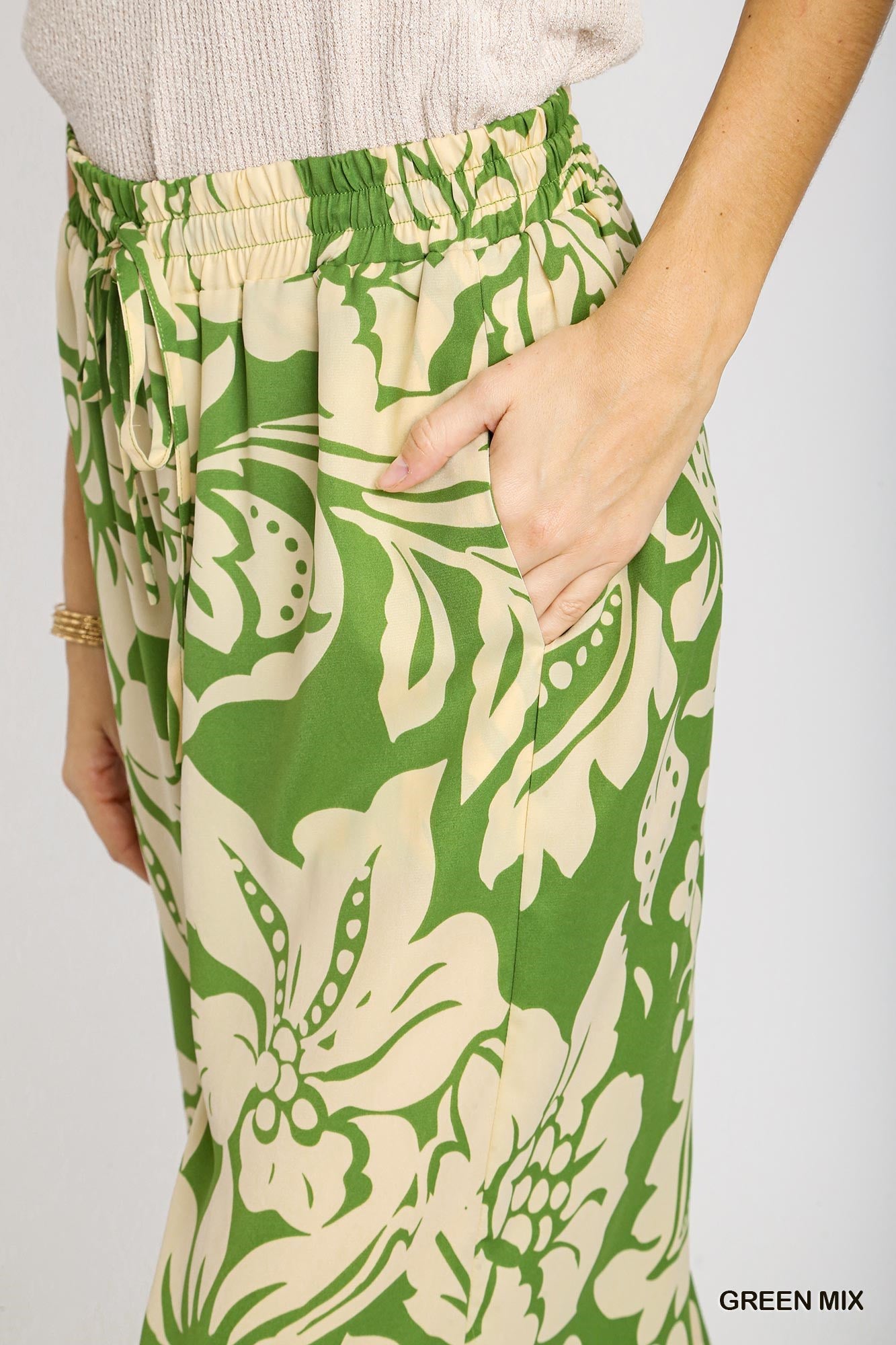 Umgee Satin Floral Adjustable Elastic Waistband Wide Leg Pants