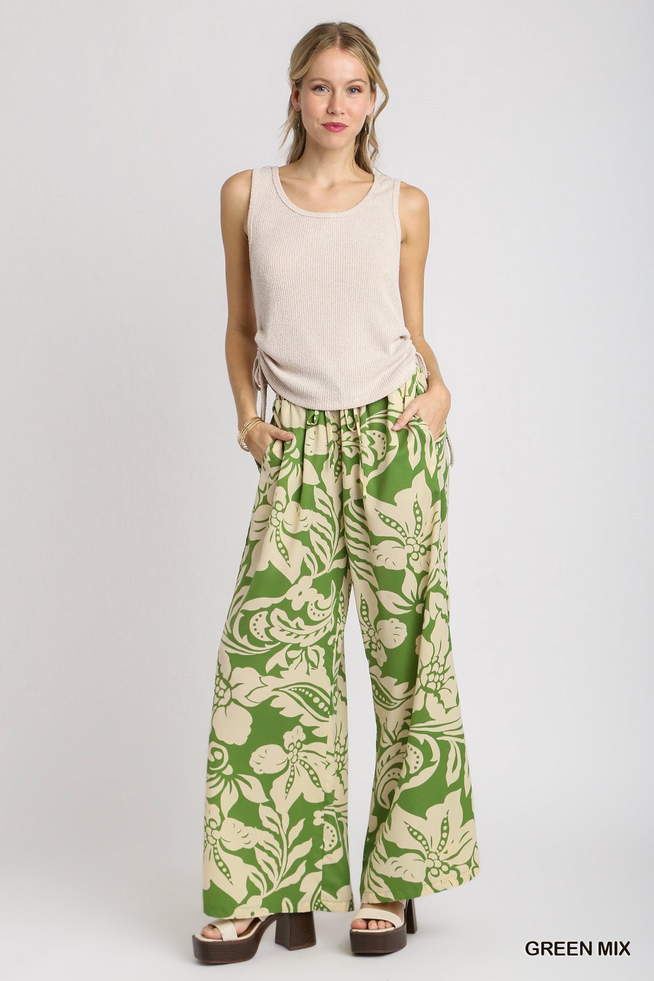 Umgee Satin Floral Adjustable Elastic Waistband Wide Leg Pants