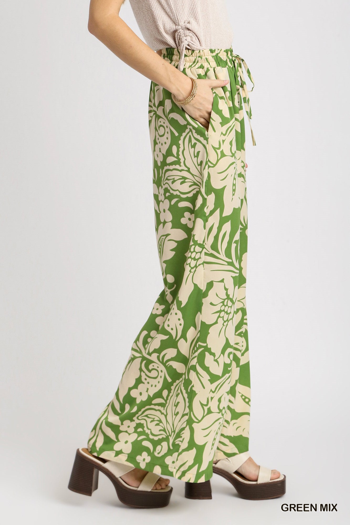 Umgee Satin Floral Adjustable Elastic Waistband Wide Leg Pants