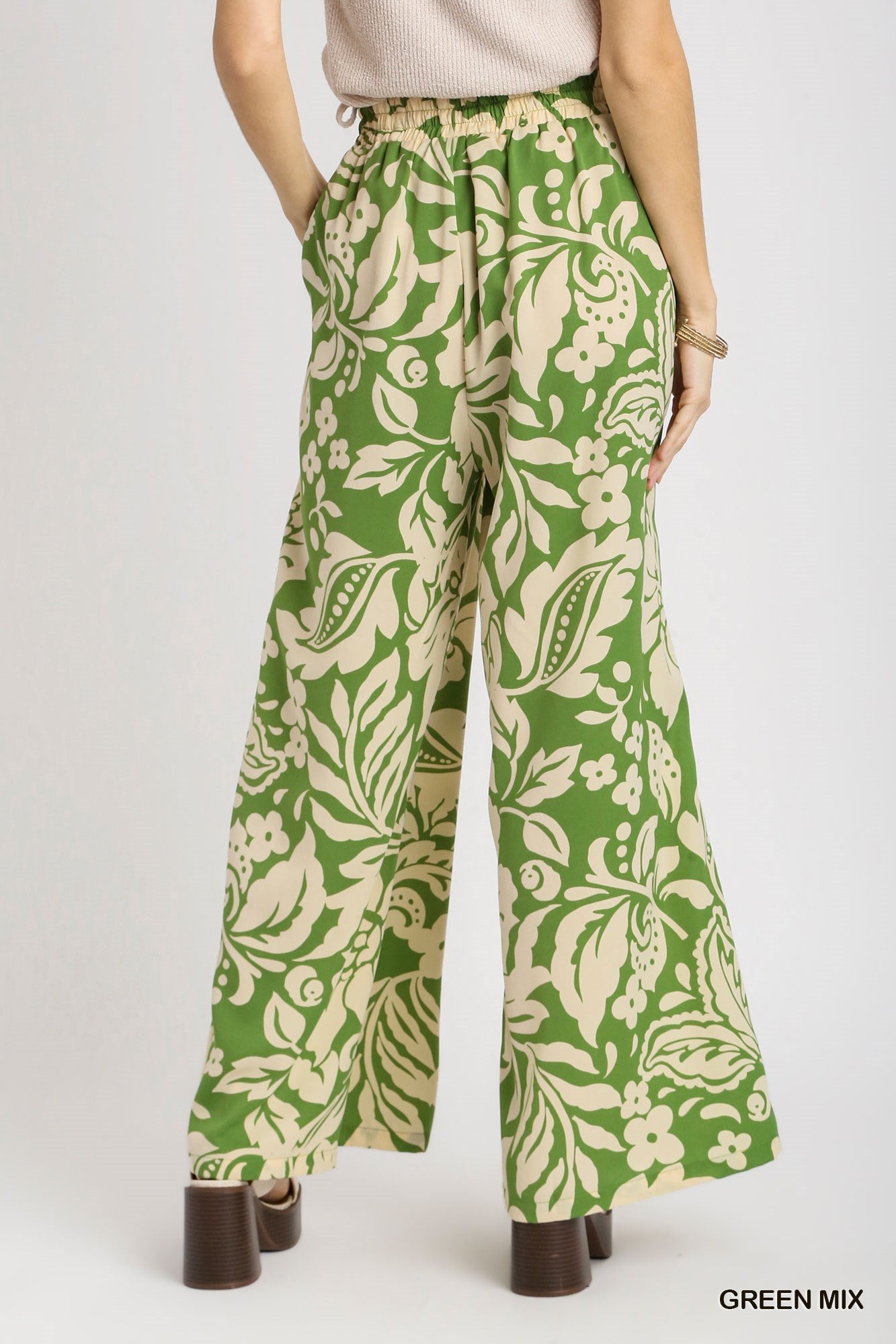 Umgee Satin Floral Adjustable Elastic Waistband Wide Leg Pants