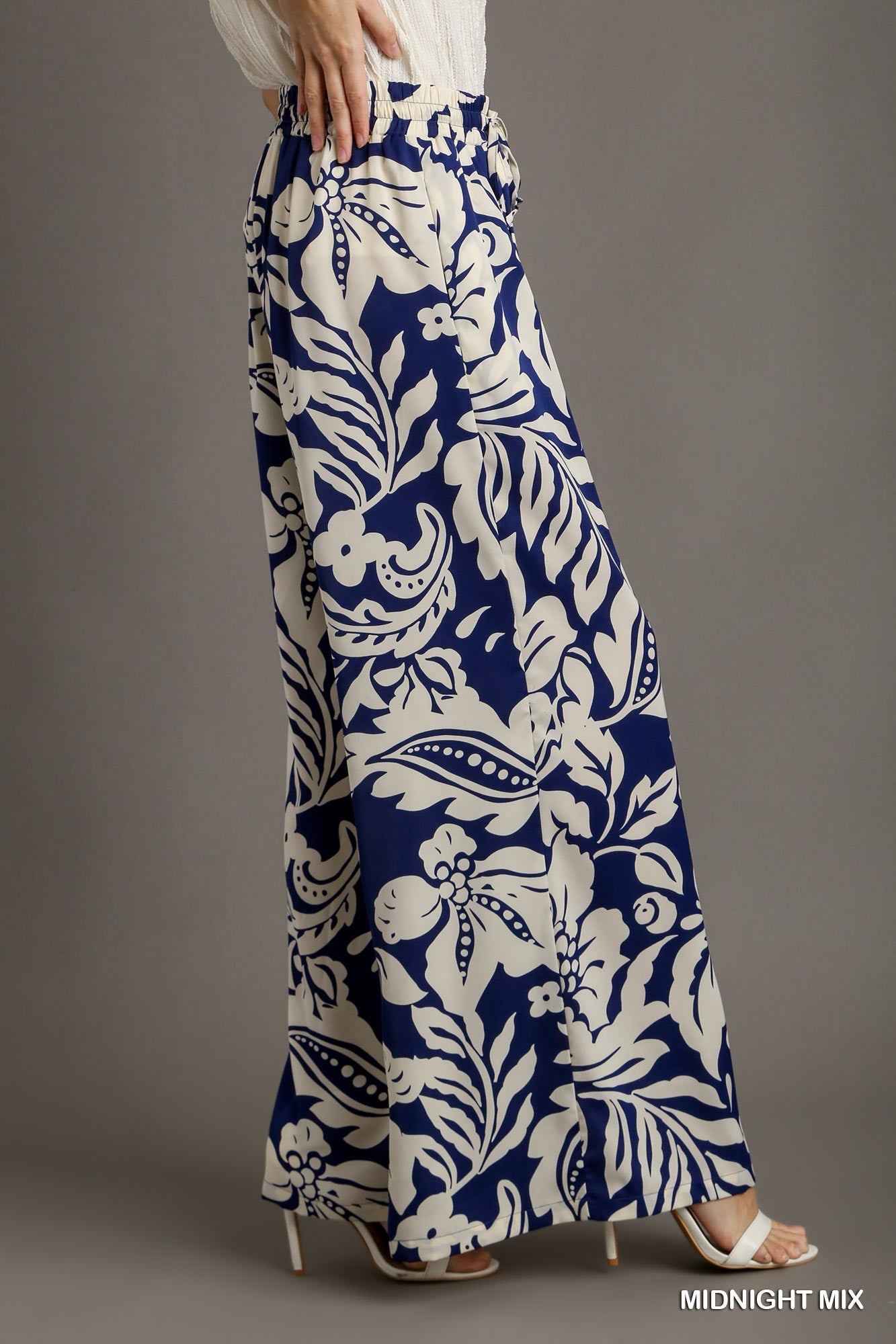 Umgee Satin Floral Adjustable Elastic Waistband Wide Leg Pants