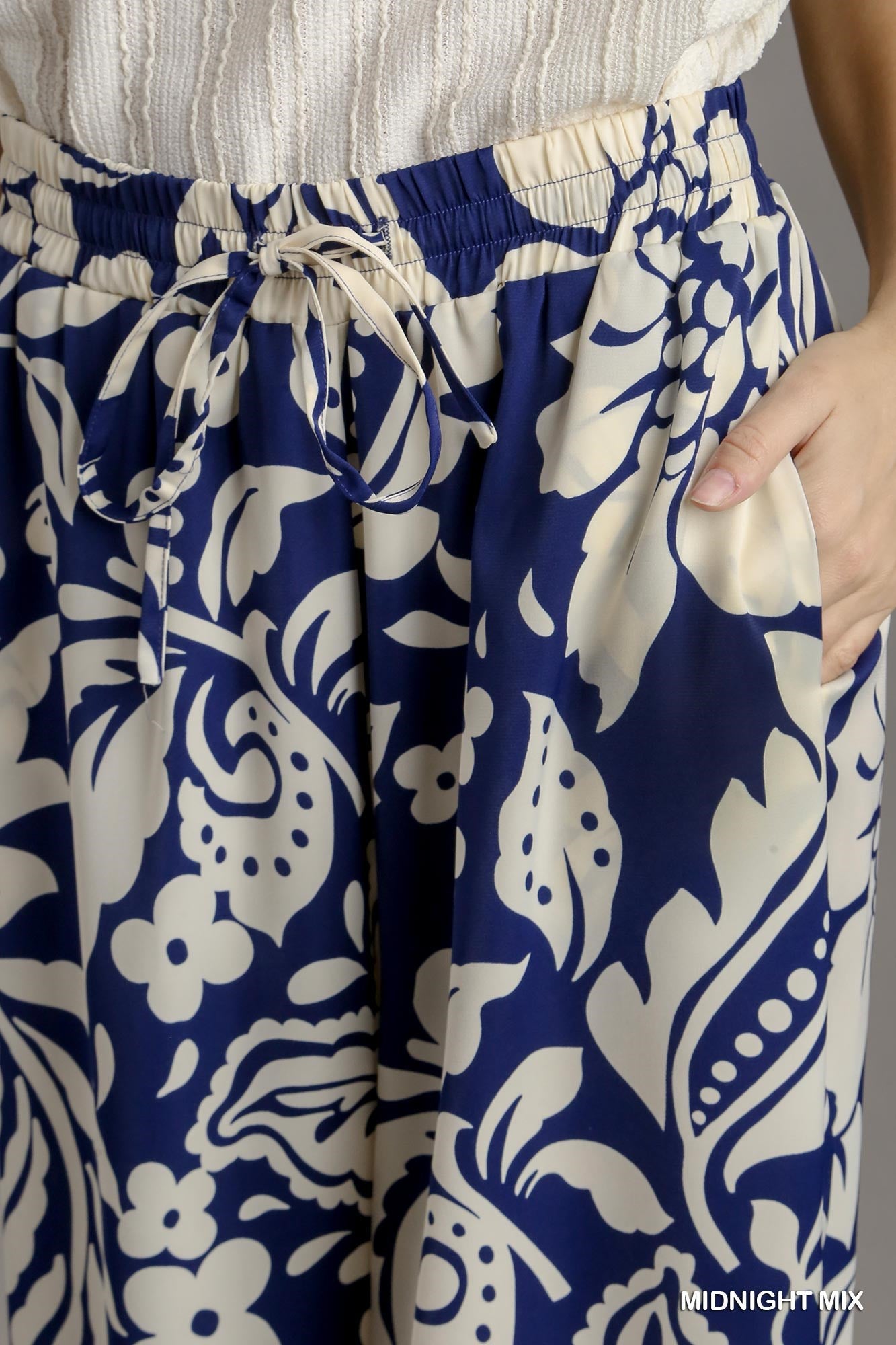 Umgee Satin Floral Adjustable Elastic Waistband Wide Leg Pants