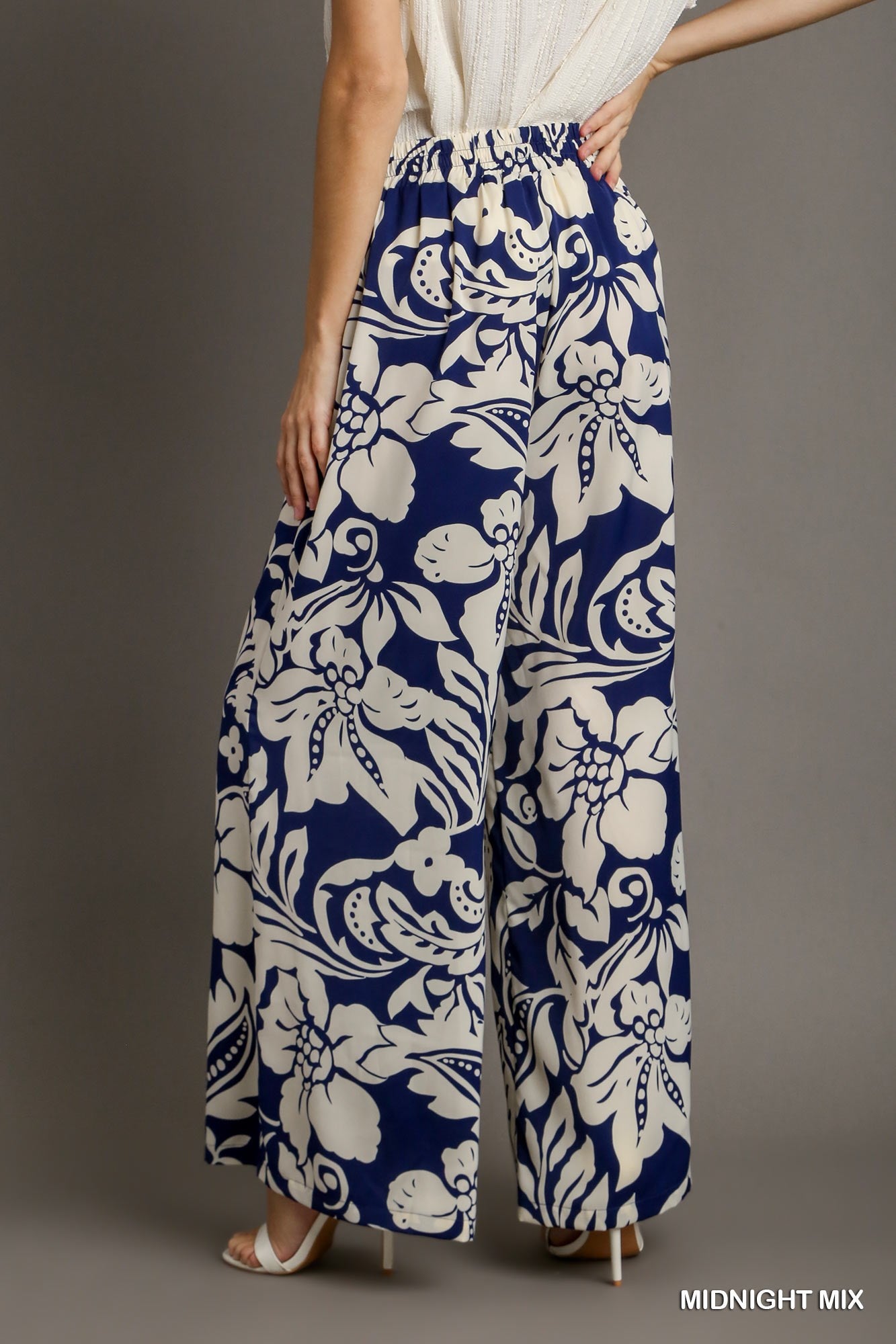 Umgee Satin Floral Adjustable Elastic Waistband Wide Leg Pants