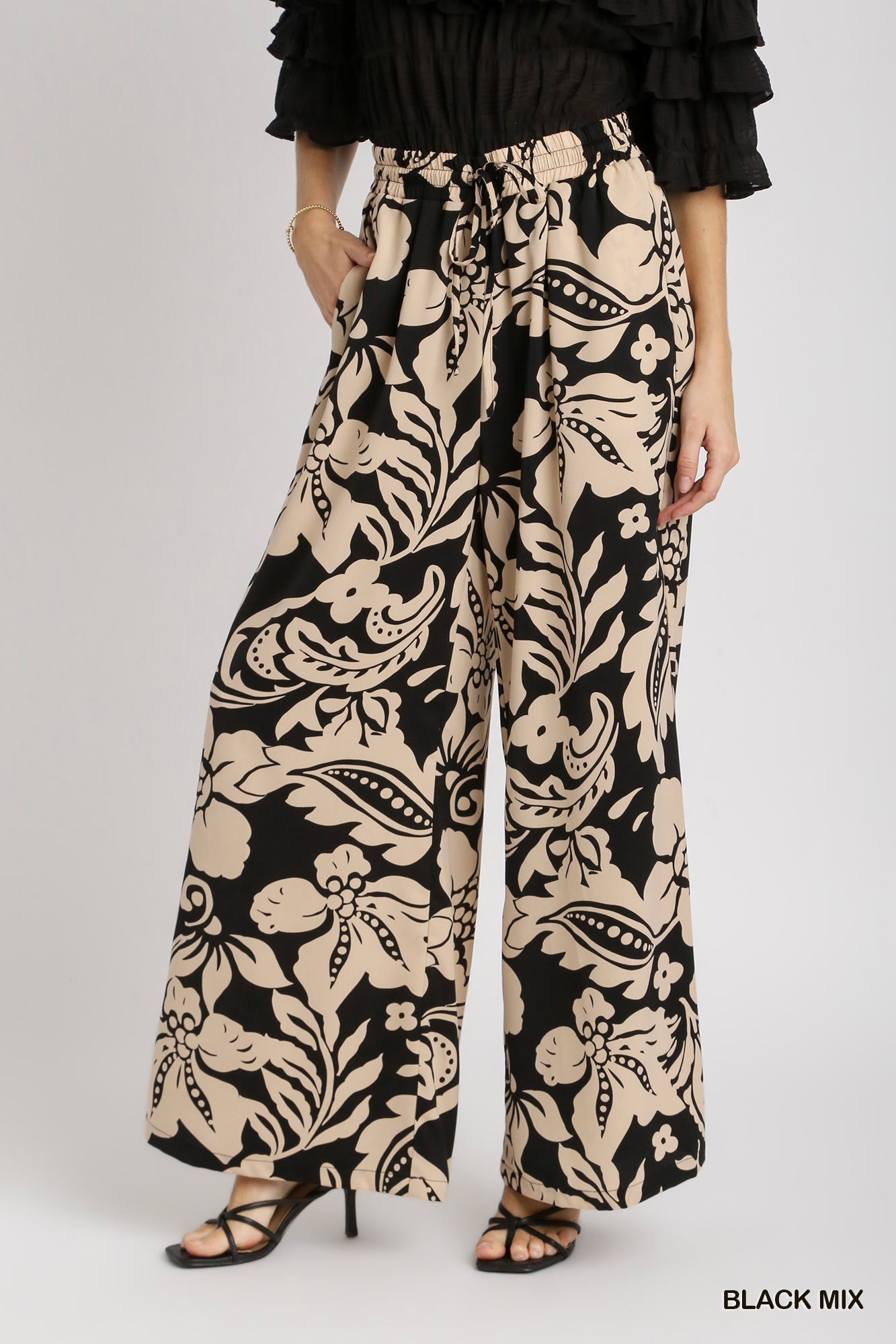Umgee Satin Floral Adjustable Elastic Waistband Wide Leg Pants