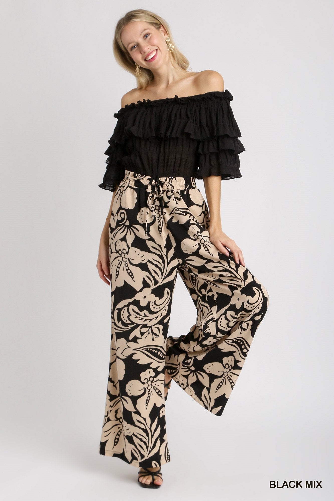 Umgee Satin Floral Adjustable Elastic Waistband Wide Leg Pants