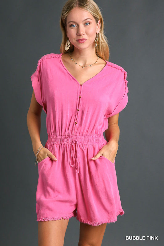 Umgee Linen Frayed Half Button Smocking Waist Band Romper