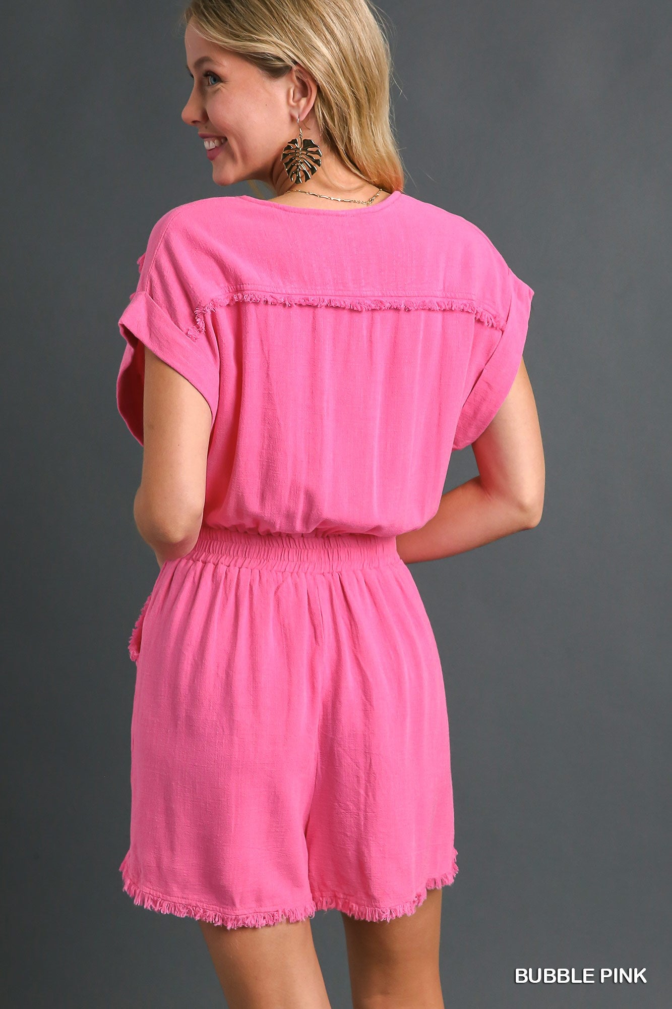 Umgee Linen Frayed Half Button Smocking Waist Band Romper