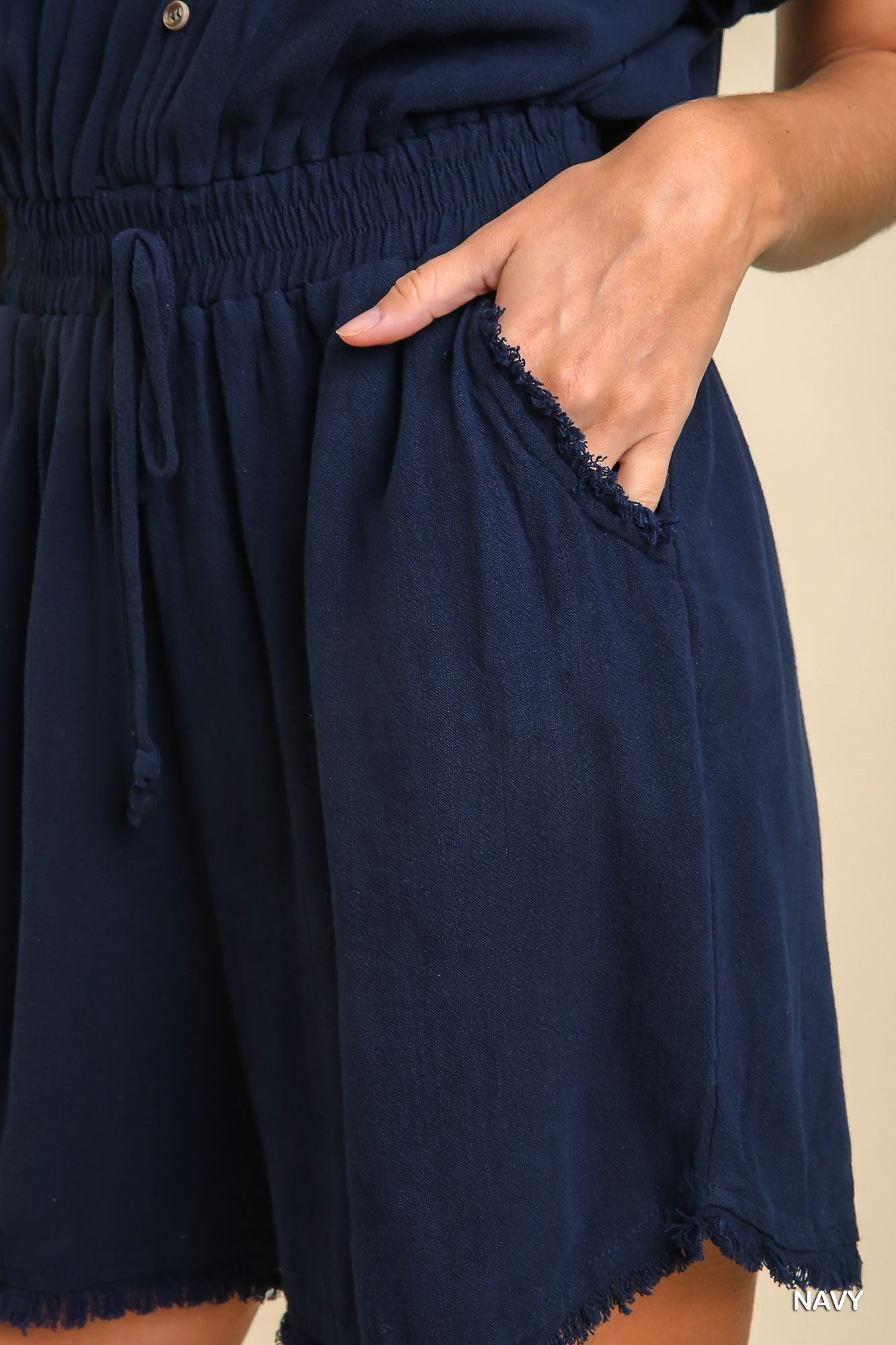 Umgee Linen Frayed Half Button Smocking Waist Band Romper