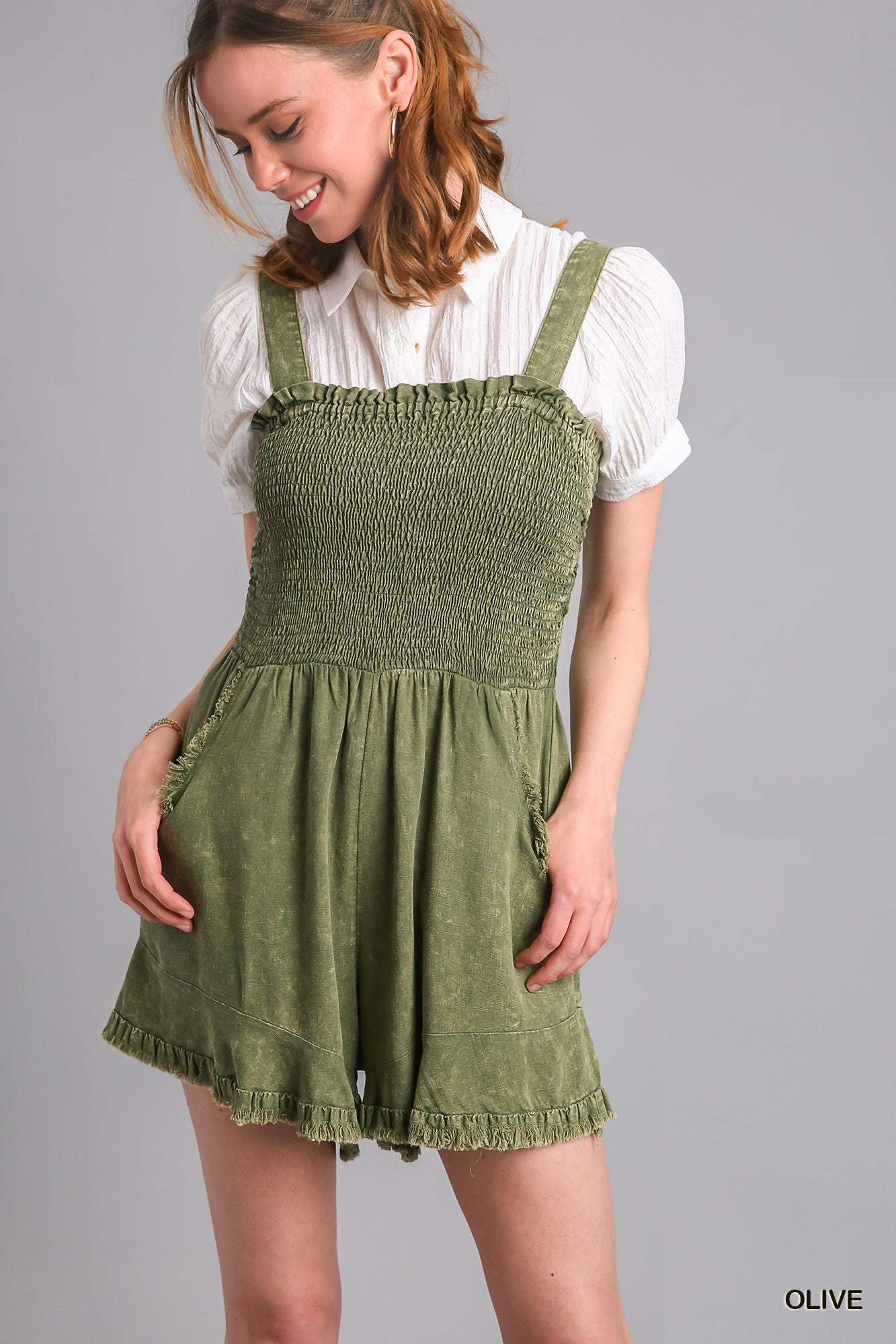 Umgee Linen Mineral Washed Smocked Ruffle Romper