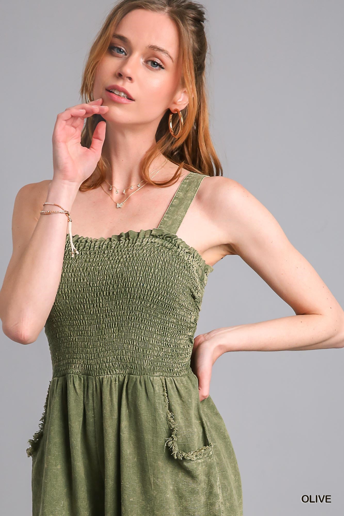 Umgee Linen Mineral Washed Smocked Ruffle Romper