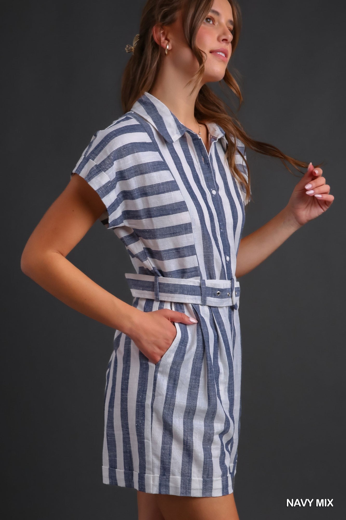 Umgee Stripped Half Button Down Collared Adjustable Belt Romper