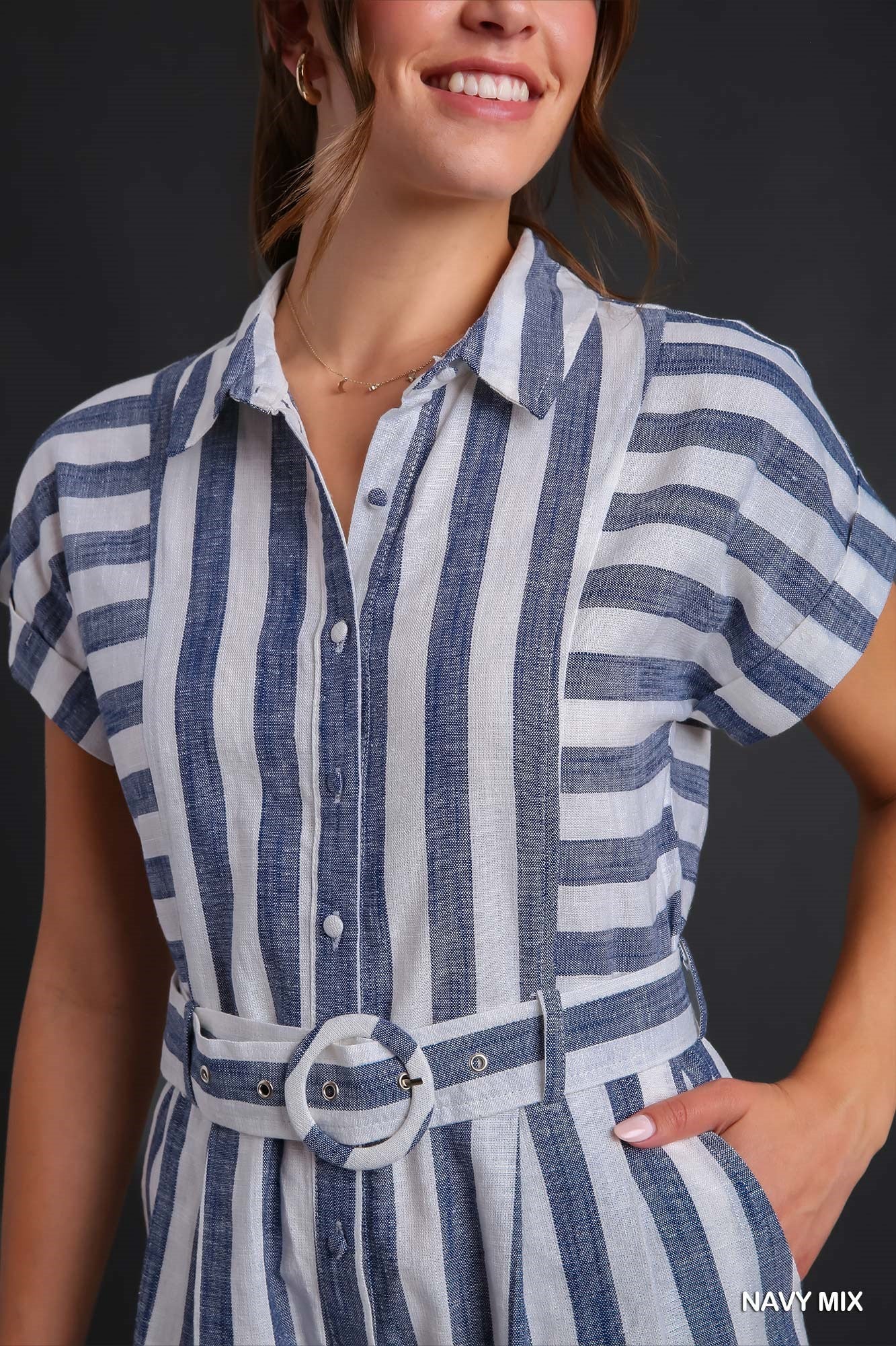 Umgee Stripped Half Button Down Collared Adjustable Belt Romper