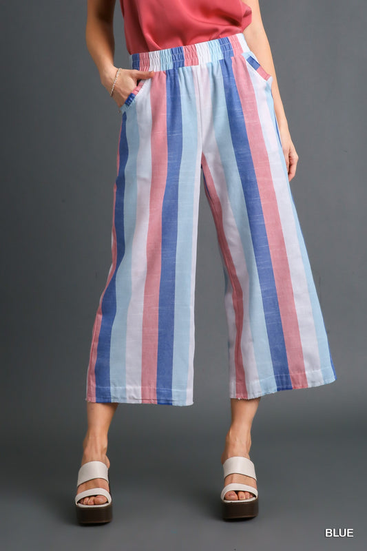 Umgee Strip Multi-Color Wide Leg Elastic Waistband Bottoms