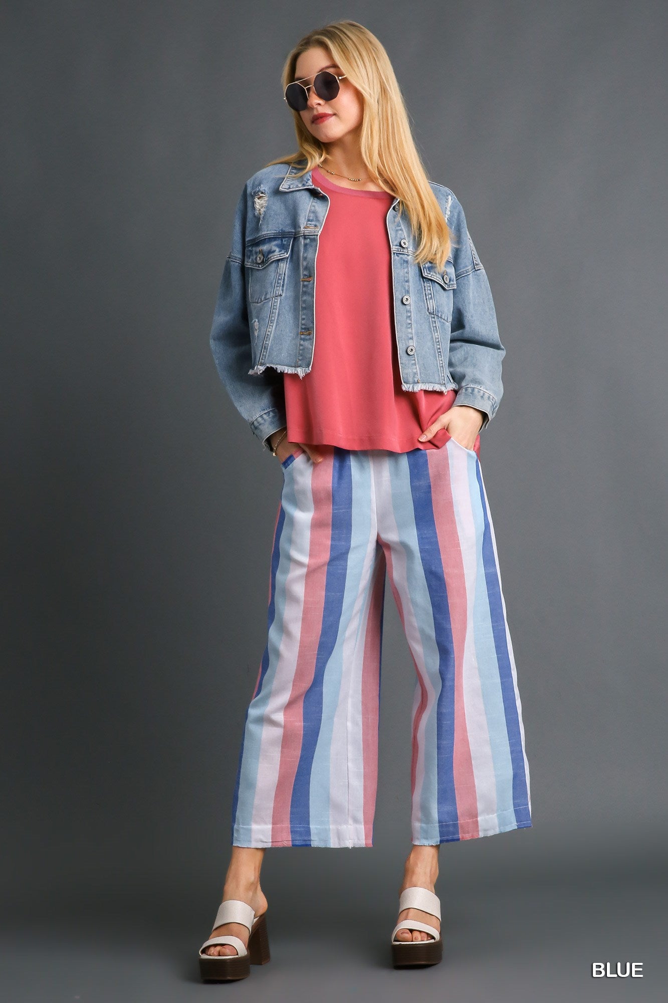 Umgee Strip Multi-Color Wide Leg Elastic Waistband Bottoms