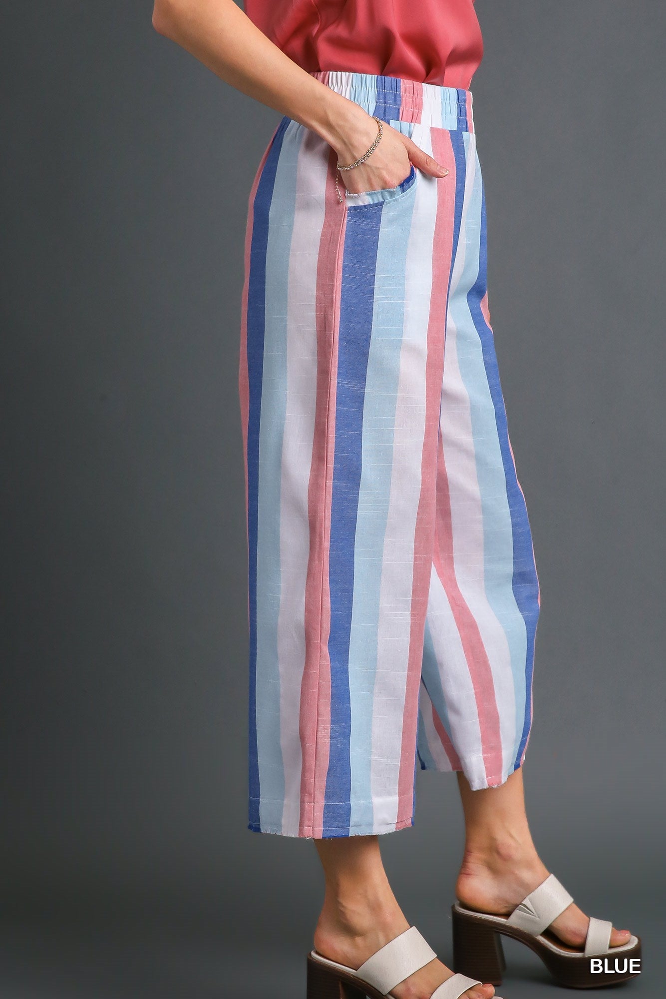 Umgee Strip Multi-Color Wide Leg Elastic Waistband Bottoms