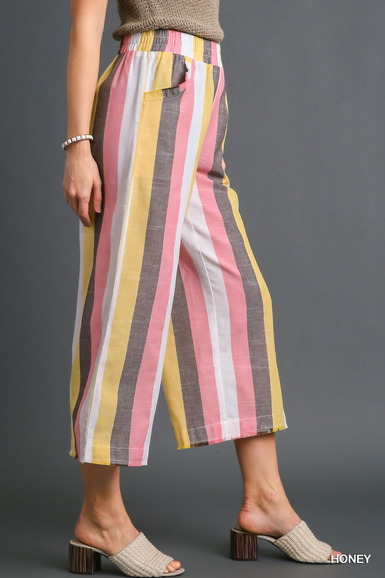 Umgee Strip Multi-Color Wide Leg Elastic Waistband Bottoms