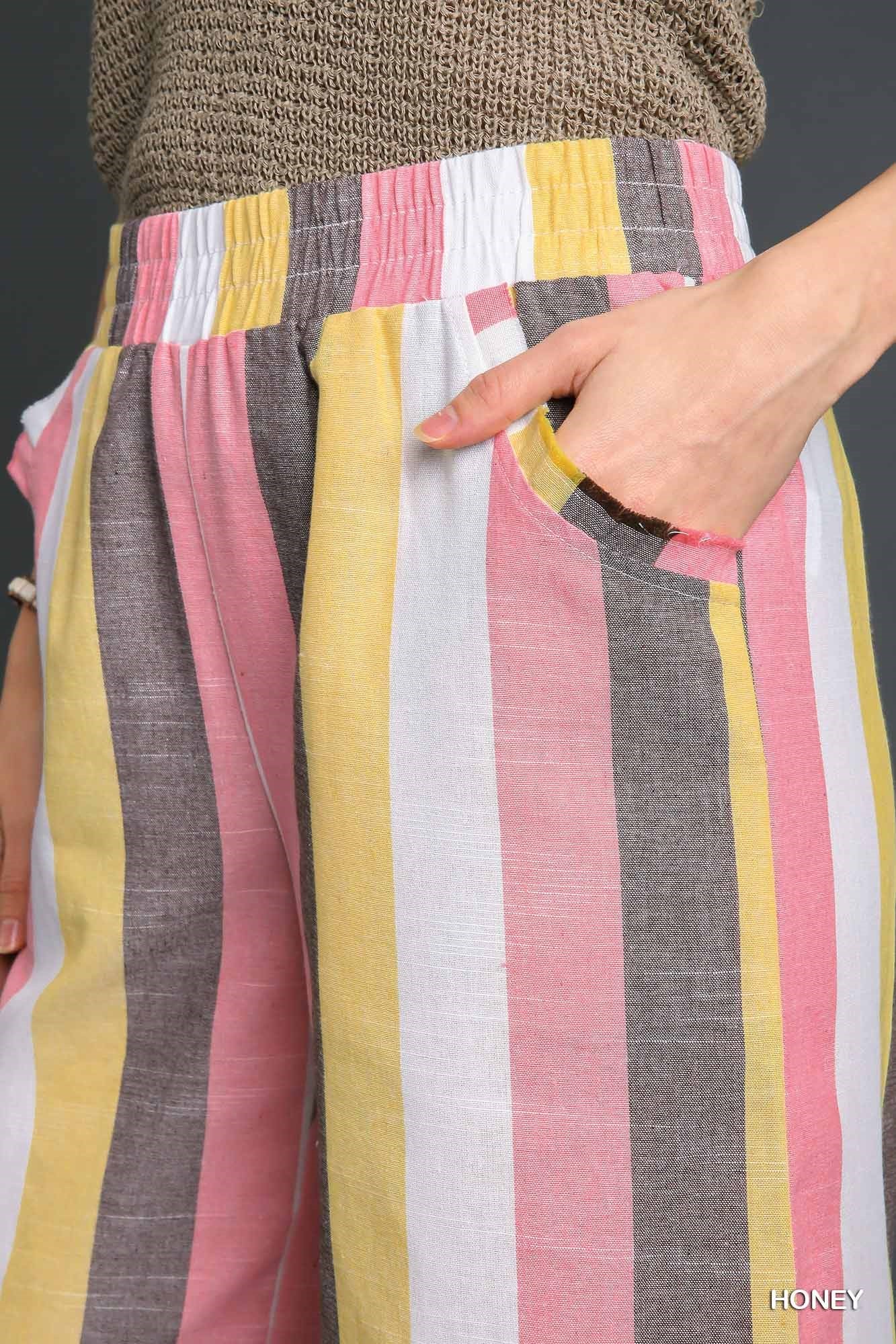 Umgee Strip Multi-Color Wide Leg Elastic Waistband Bottoms