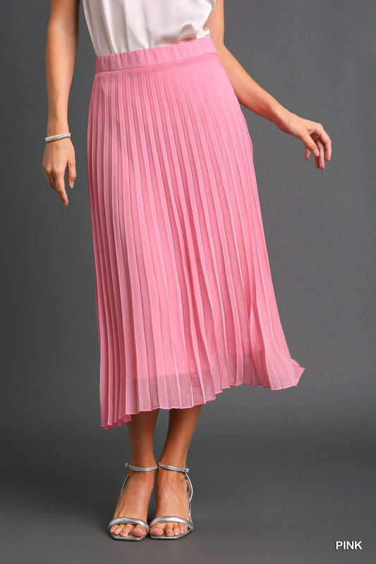 Umgee Metallic Pleated Midi Elastic Waistband Skirt