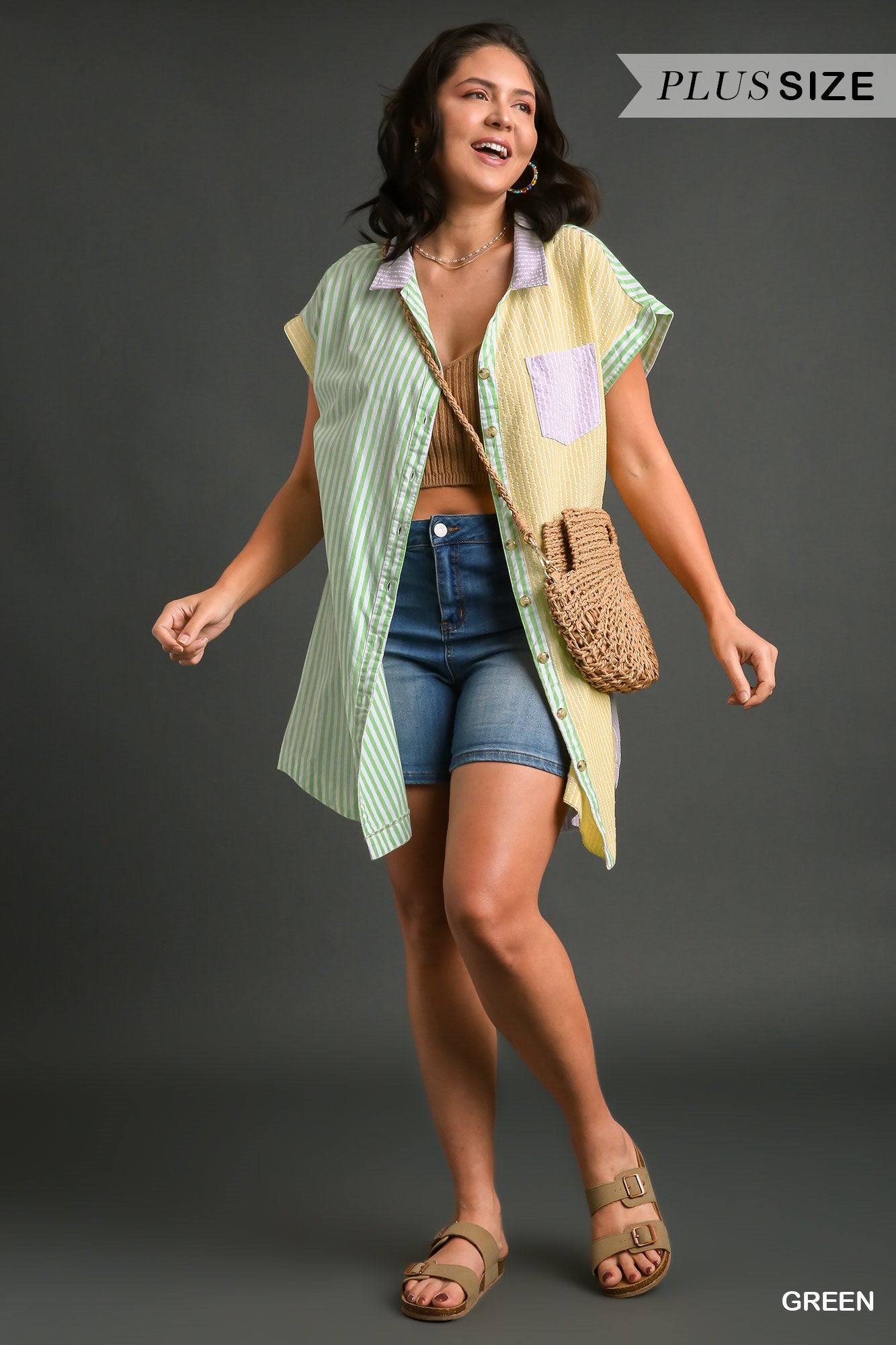 Umgee Plus Mixed Colorblock Stripe Button Down Chest Pocket Dress