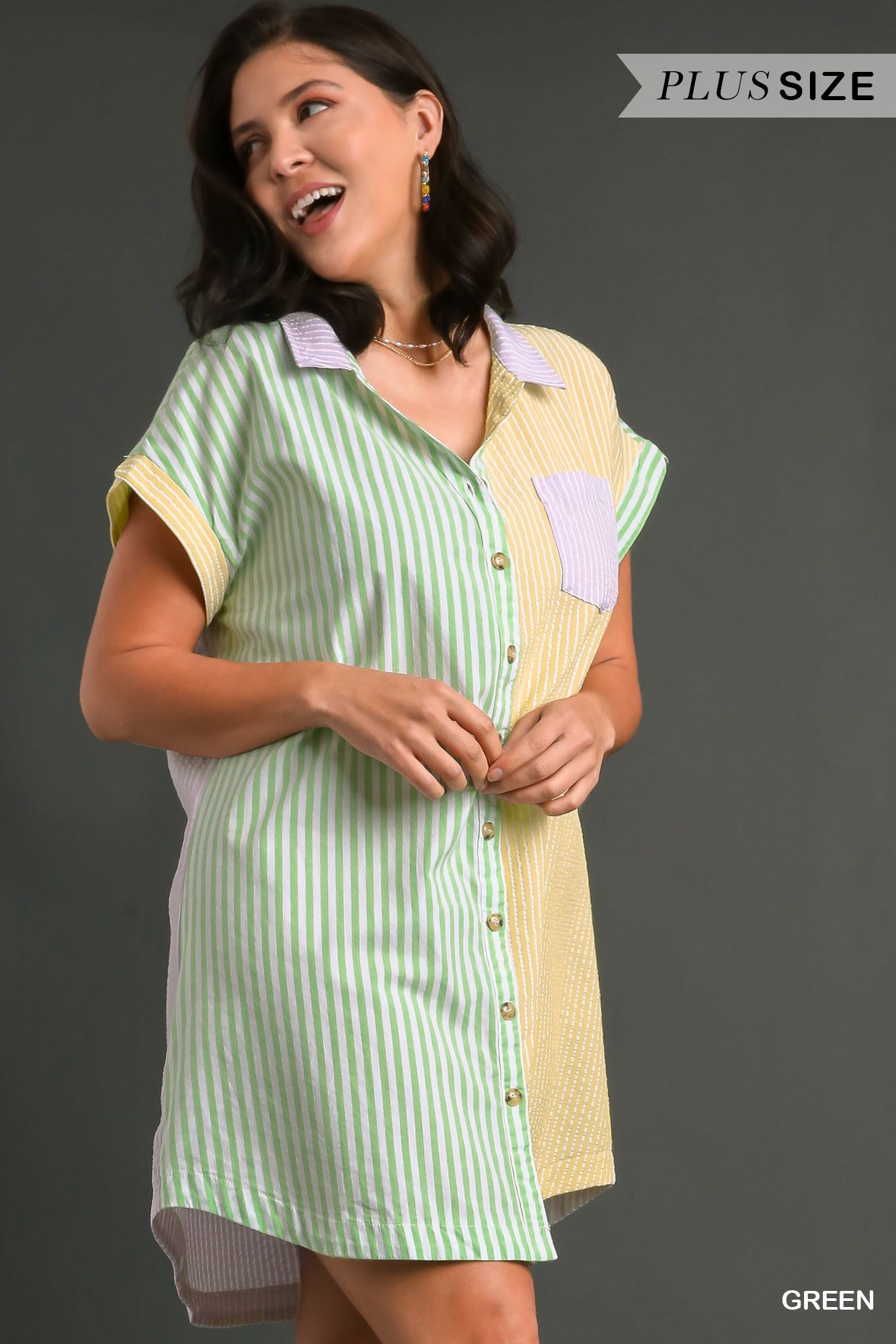 Umgee Plus Mixed Colorblock Stripe Button Down Chest Pocket Dress