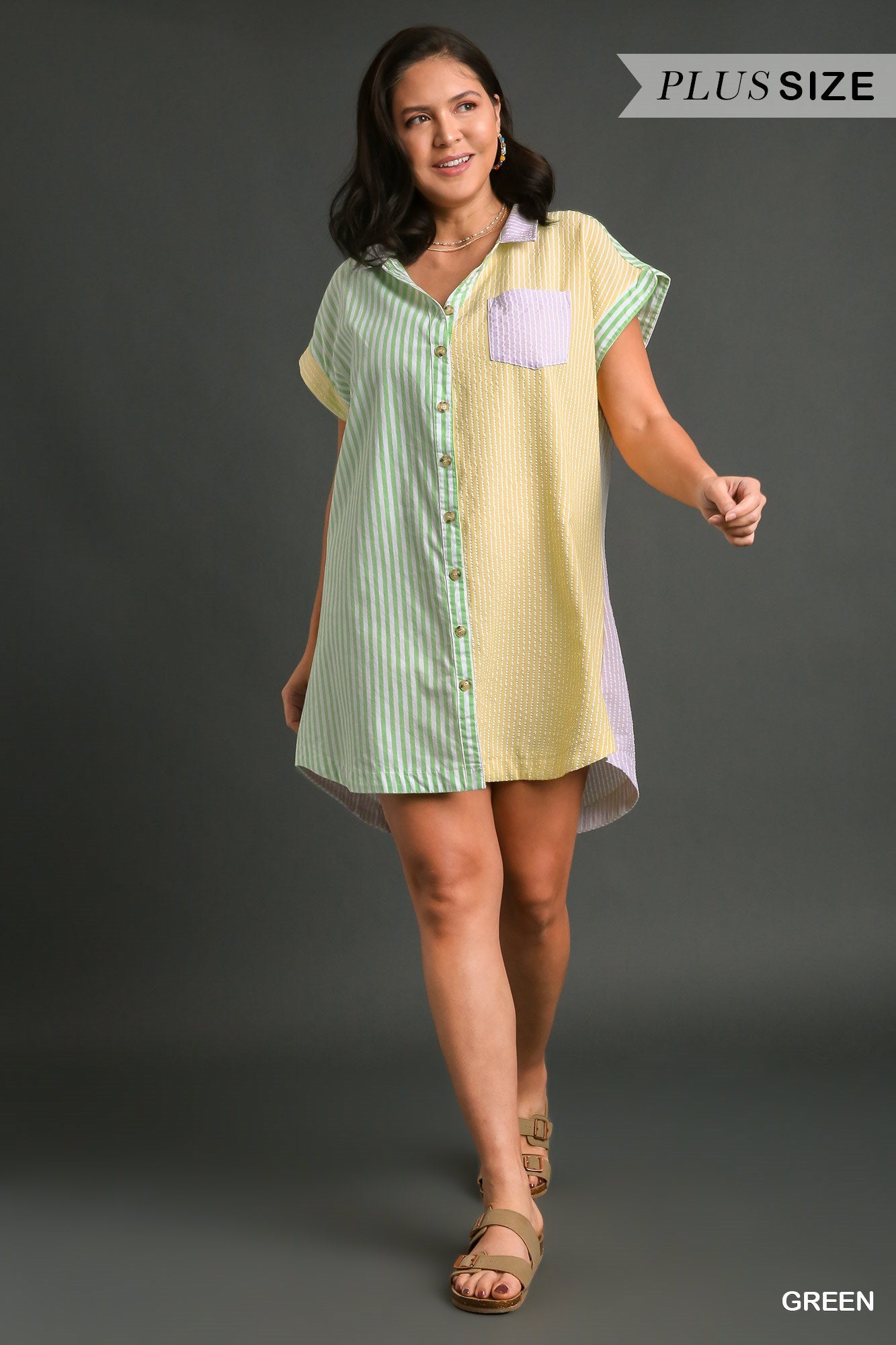 Umgee Plus Mixed Colorblock Stripe Button Down Chest Pocket Dress