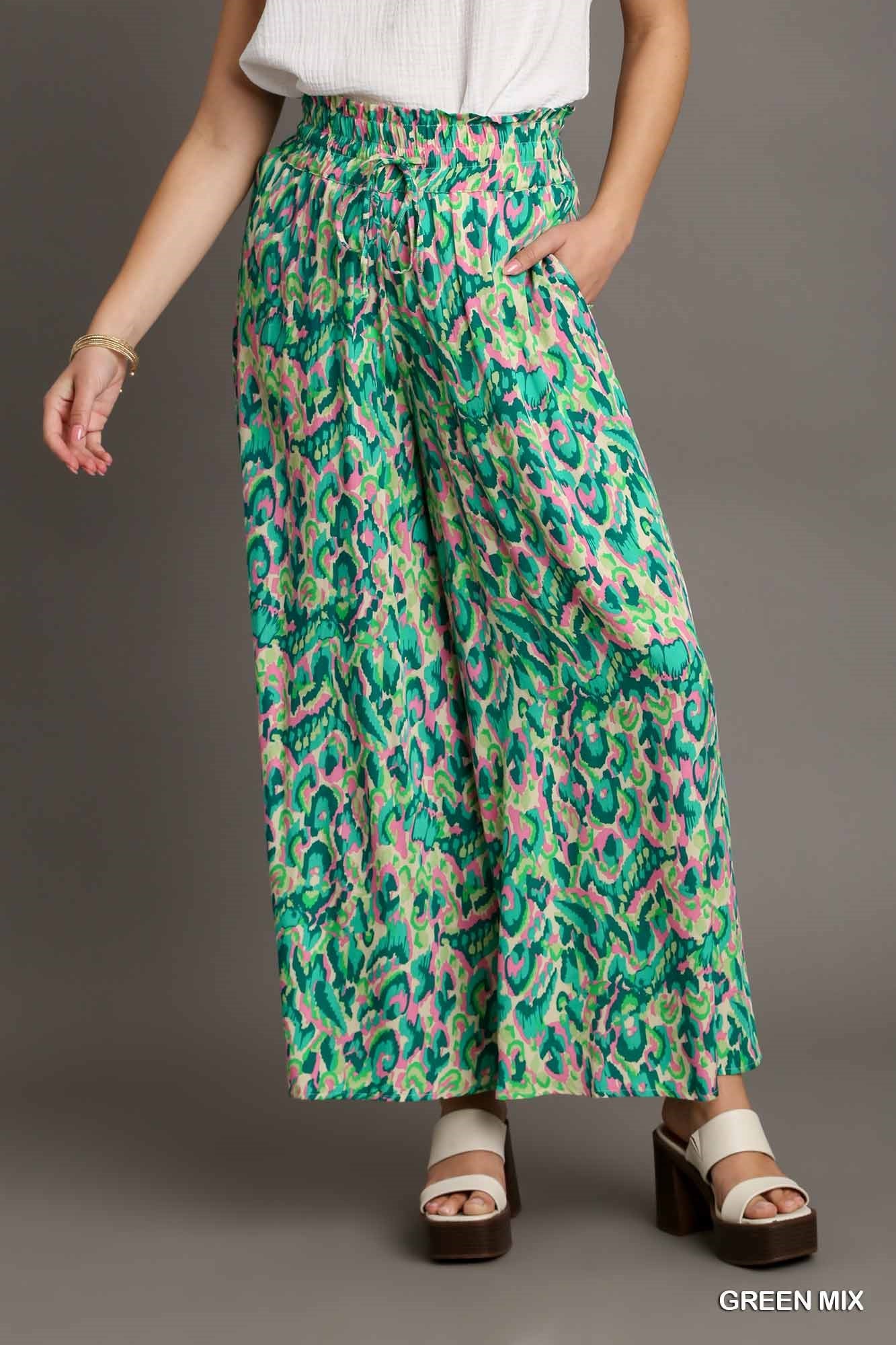 Umgee Elastic Waist Mixed Print High Waist Wide Leg Pants