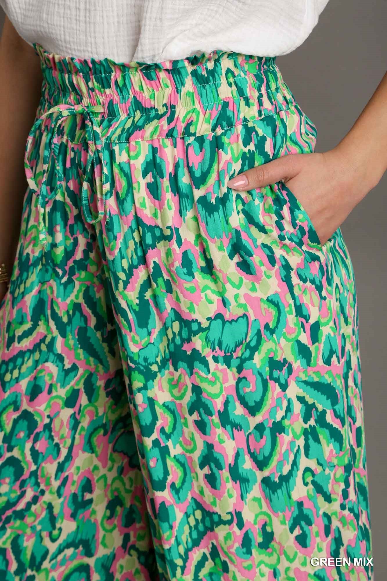 Umgee Elastic Waist Mixed Print High Waist Wide Leg Pants