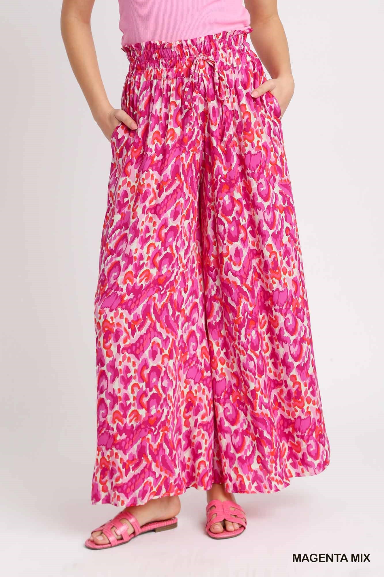 Umgee Elastic Waist Mixed Print High Waist Wide Leg Pants