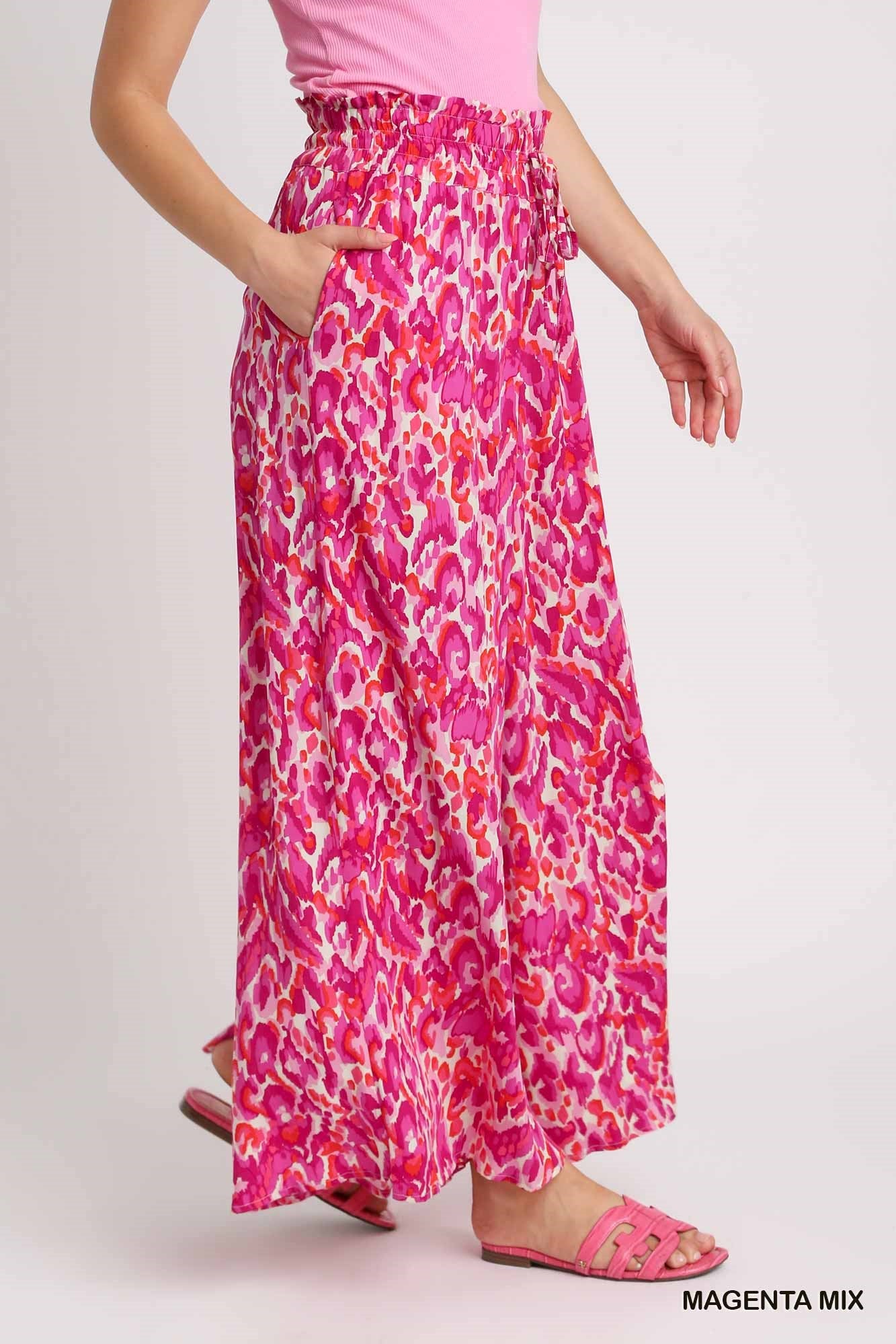 Umgee Elastic Waist Mixed Print High Waist Wide Leg Pants