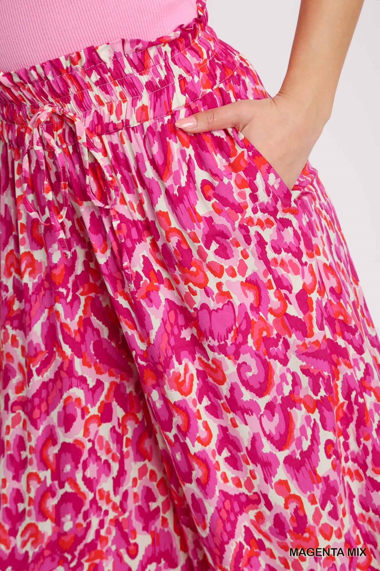 Umgee Elastic Waist Mixed Print High Waist Wide Leg Pants