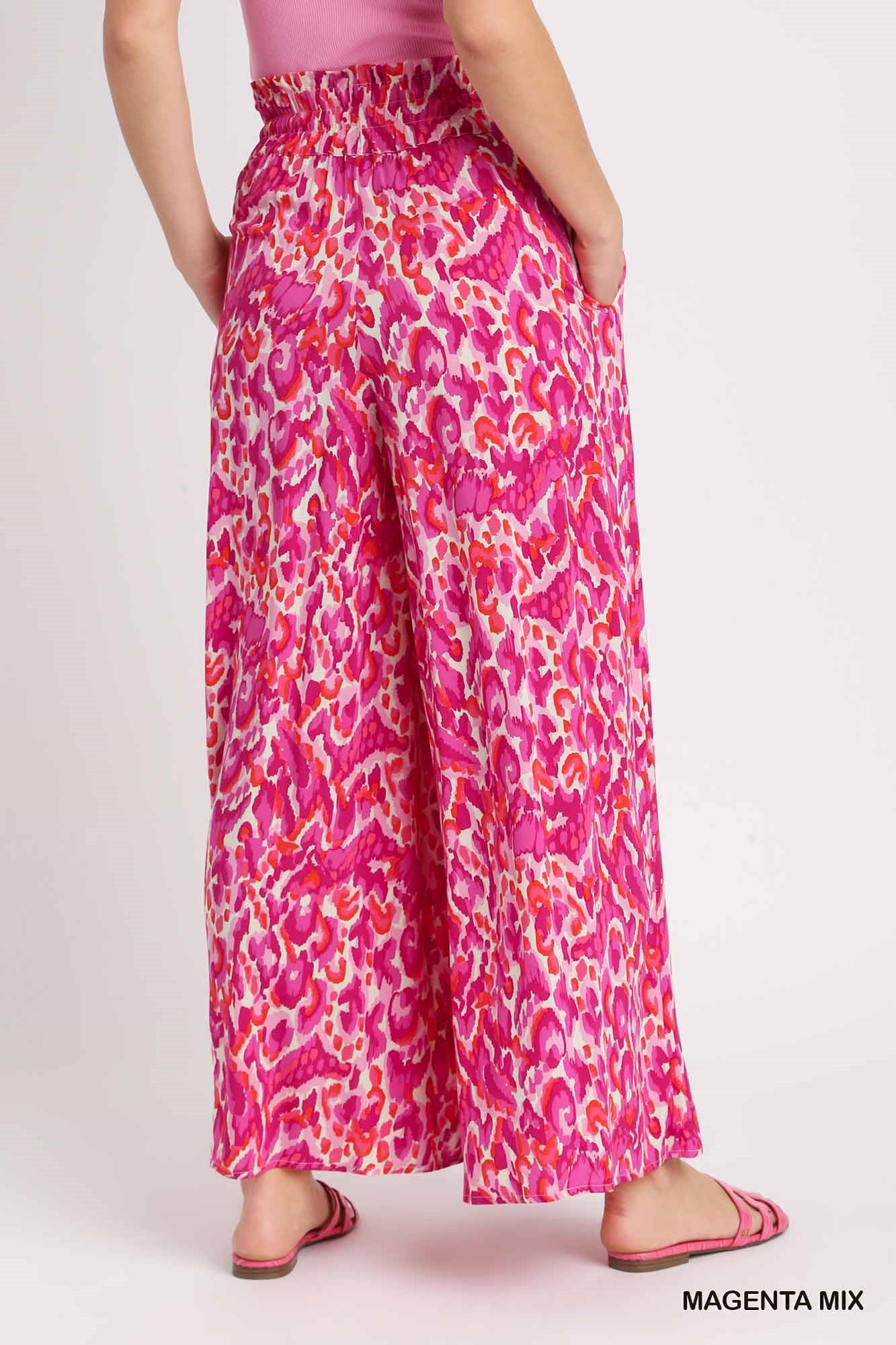 Umgee Elastic Waist Mixed Print High Waist Wide Leg Pants