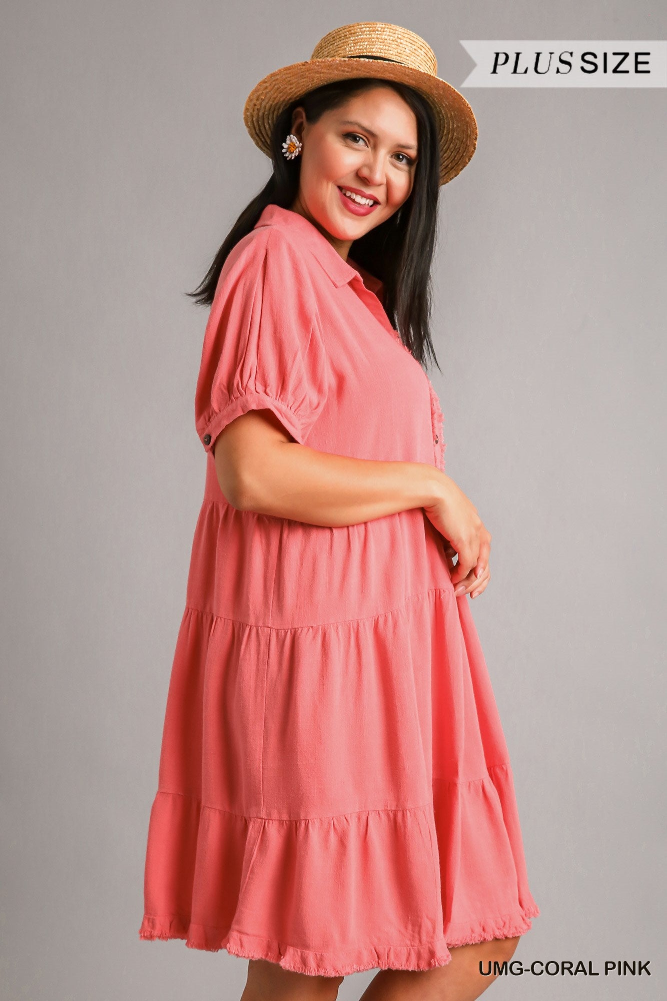 Umgee Plus Linen Collared Tiered Pleated Sleeves Coconut Button Dress