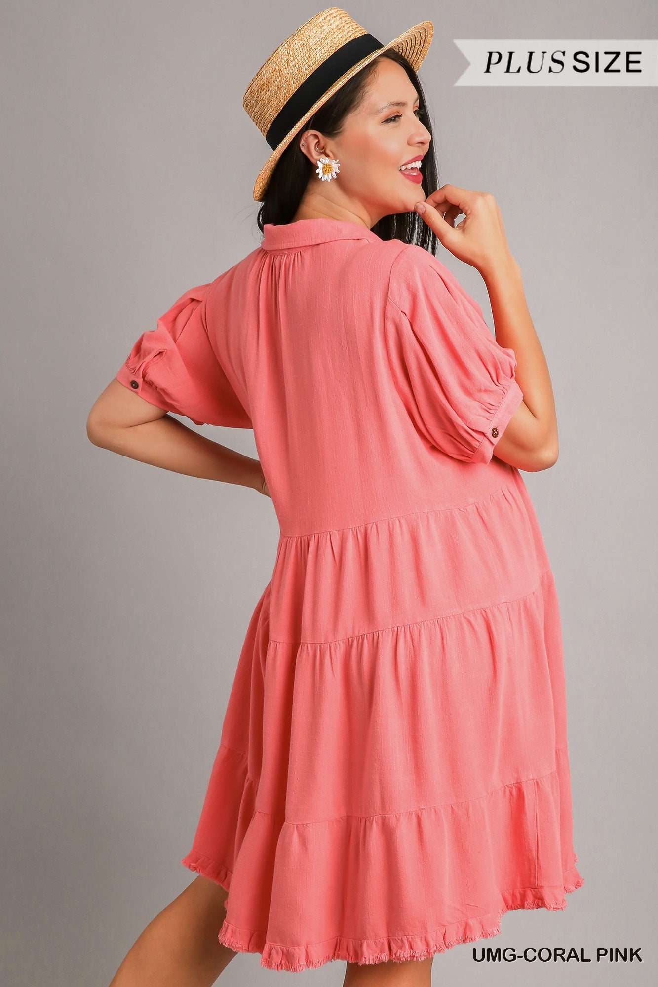 Umgee Plus Linen Collared Tiered Pleated Sleeves Coconut Button Dress