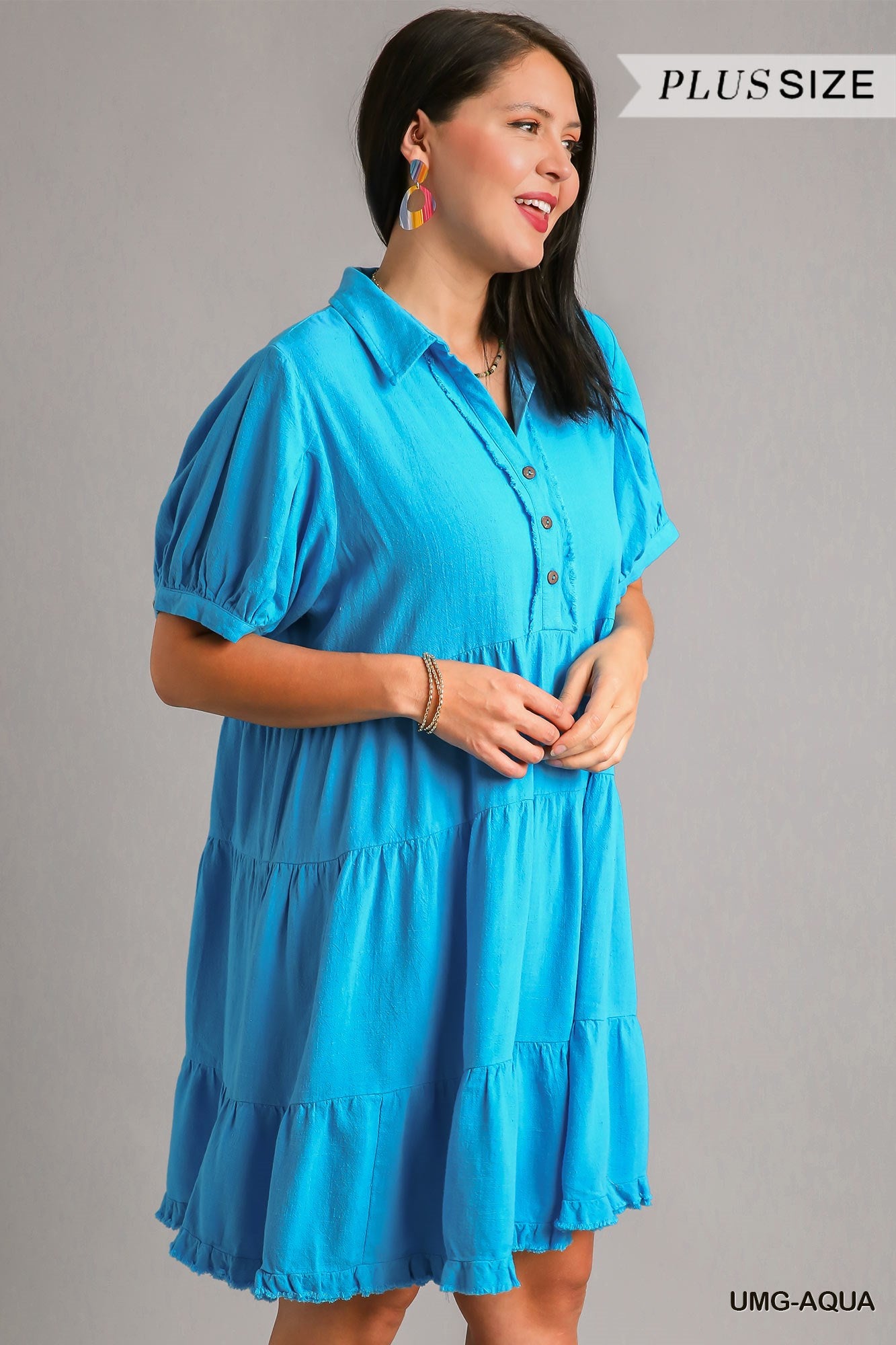Umgee Plus Linen Collared Tiered Pleated Sleeves Coconut Button Dress
