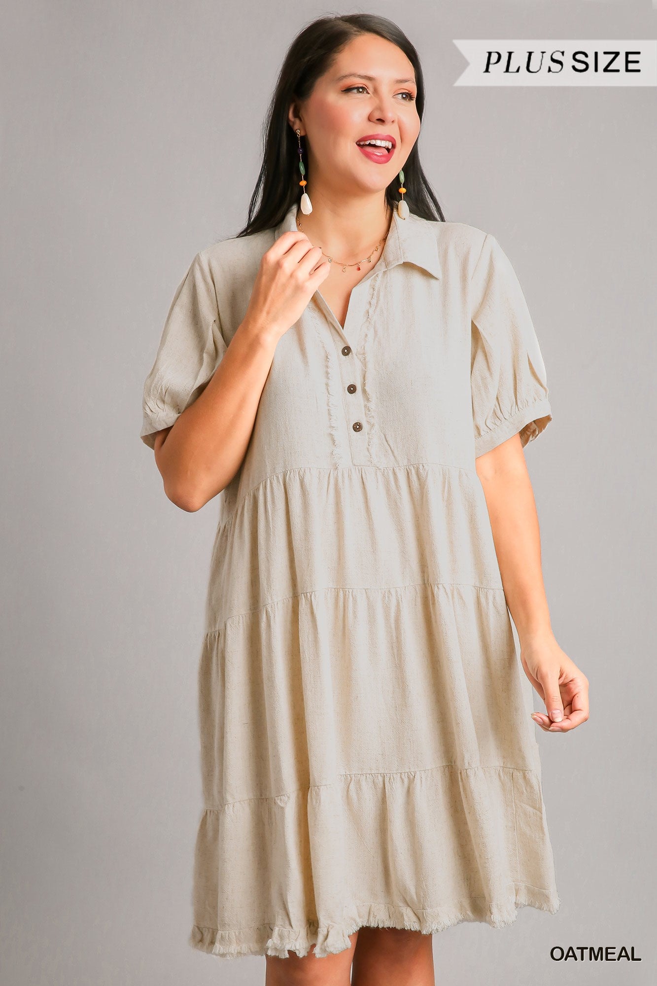 Umgee Plus Linen Collared Tiered Pleated Sleeves Coconut Button Dress