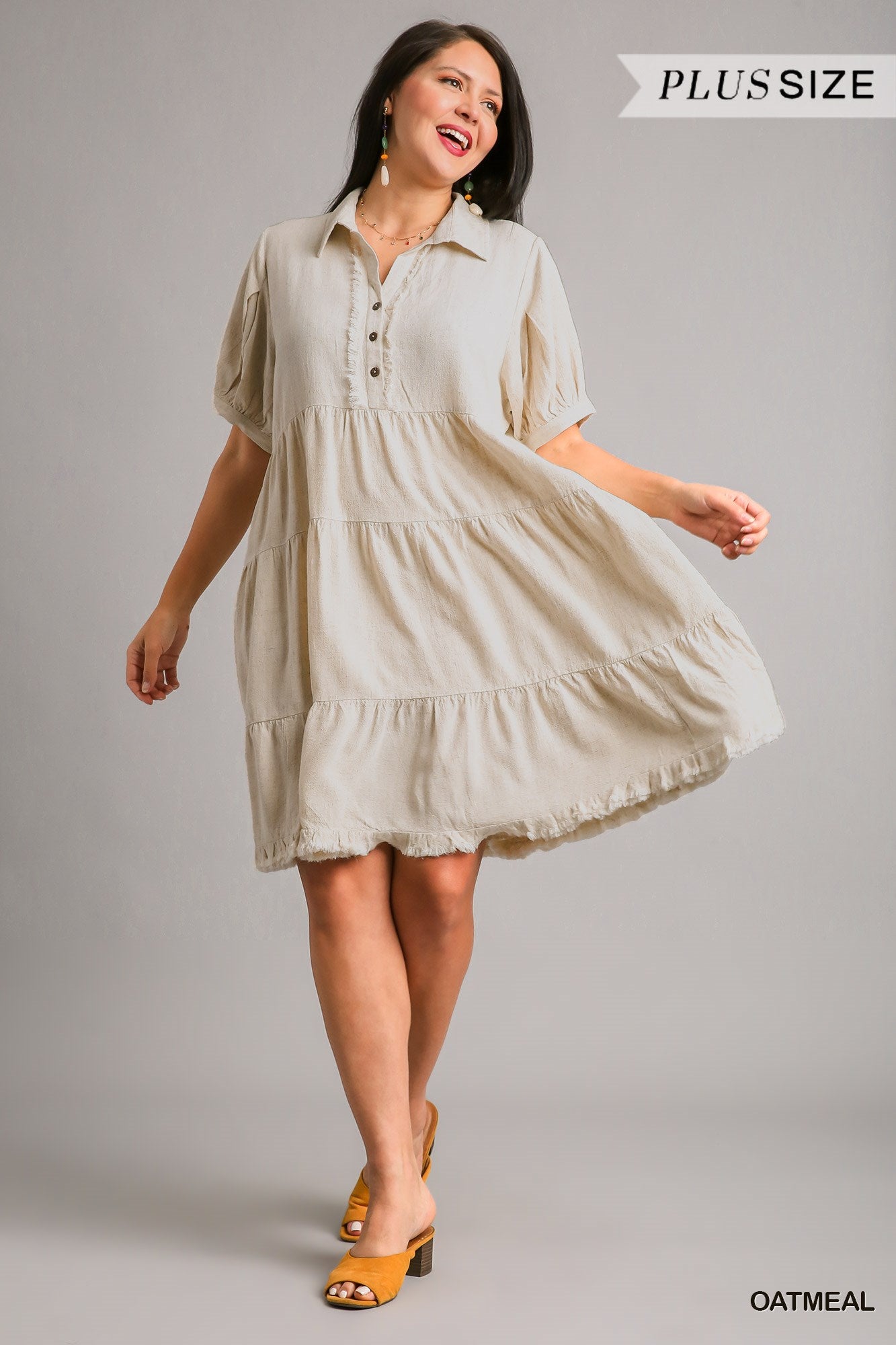 Umgee Plus Linen Collared Tiered Pleated Sleeves Coconut Button Dress